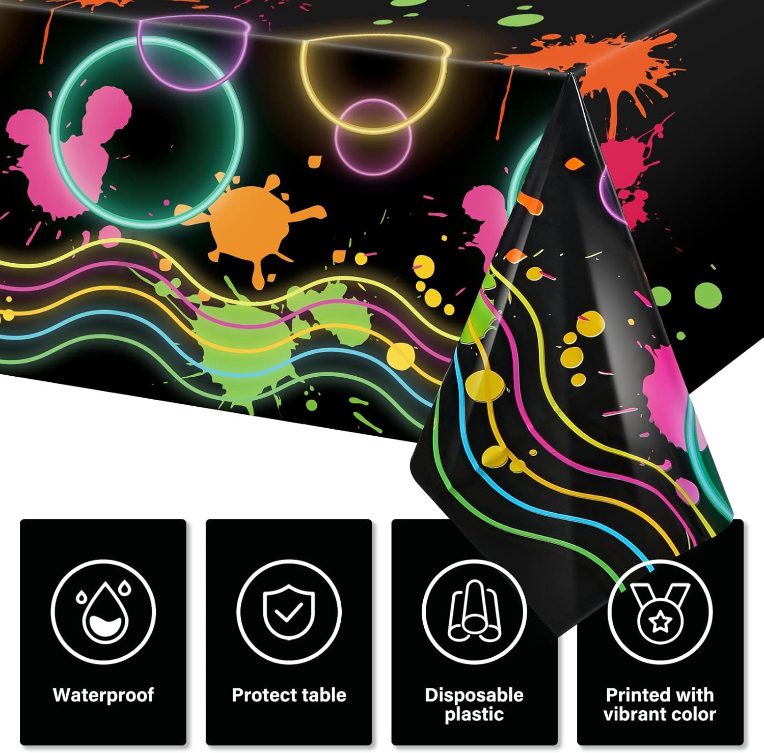 Tatuo 3 Pcs Neon Tablecloths 54x108 Inches Glow in the Dark Party Covers