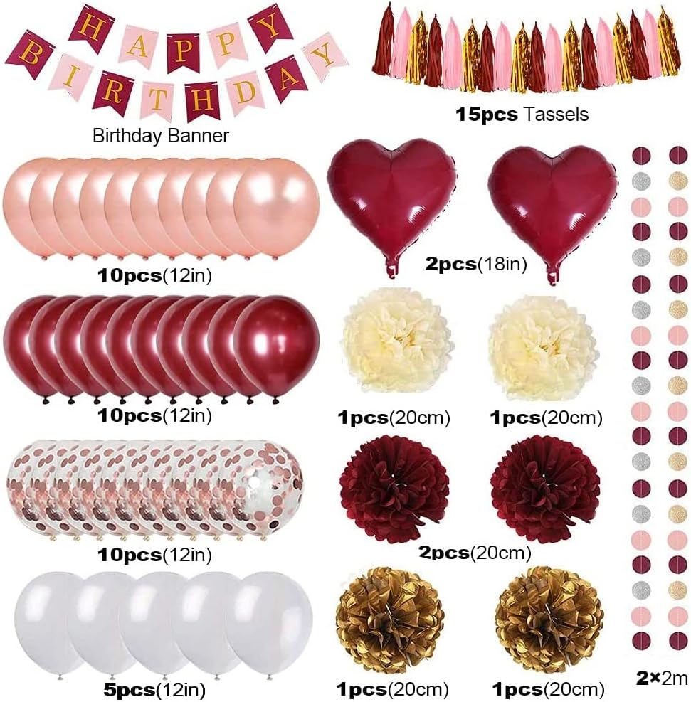 Burgundy Birthday Decorations Set with Balloons and Banner