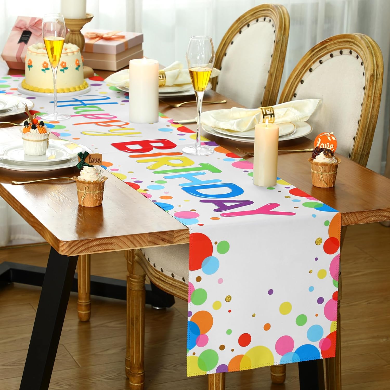 Oudain 3 Pcs Polka Dot Happy Birthday Table Runner 71x13 Inches