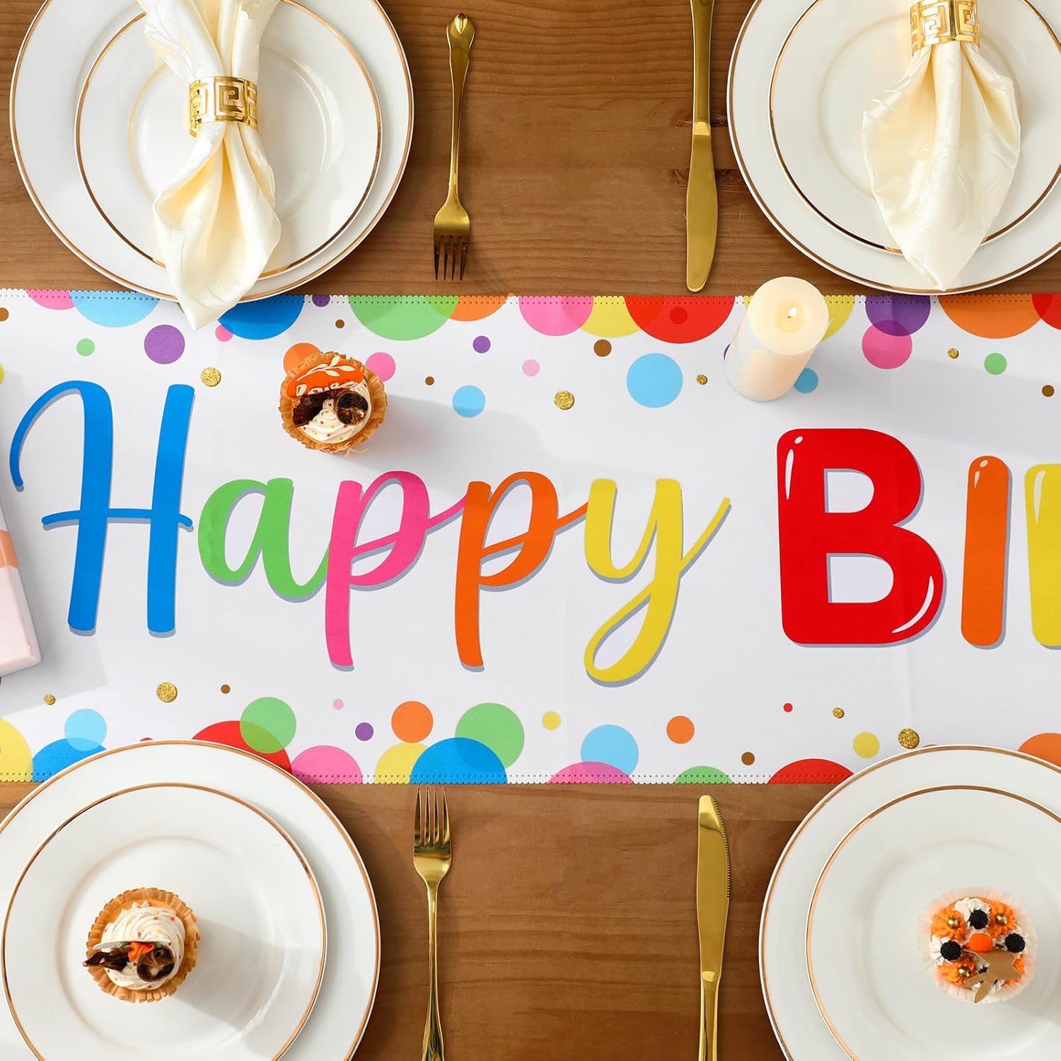 Oudain 3 Pcs Polka Dot Happy Birthday Table Runner 71x13 Inches