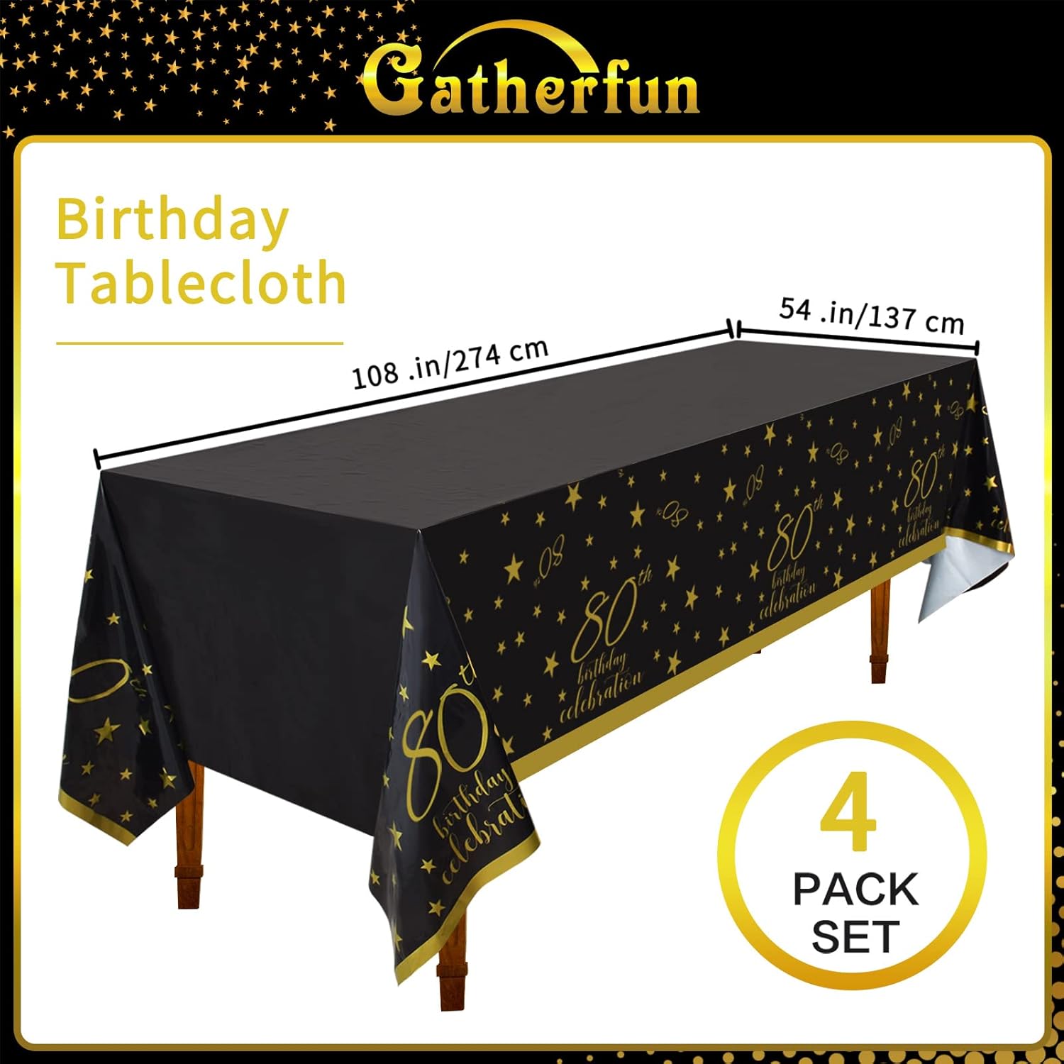 Gatherfun 80th Birthday Tablecloth 4 Pack Gold Black Waterproof