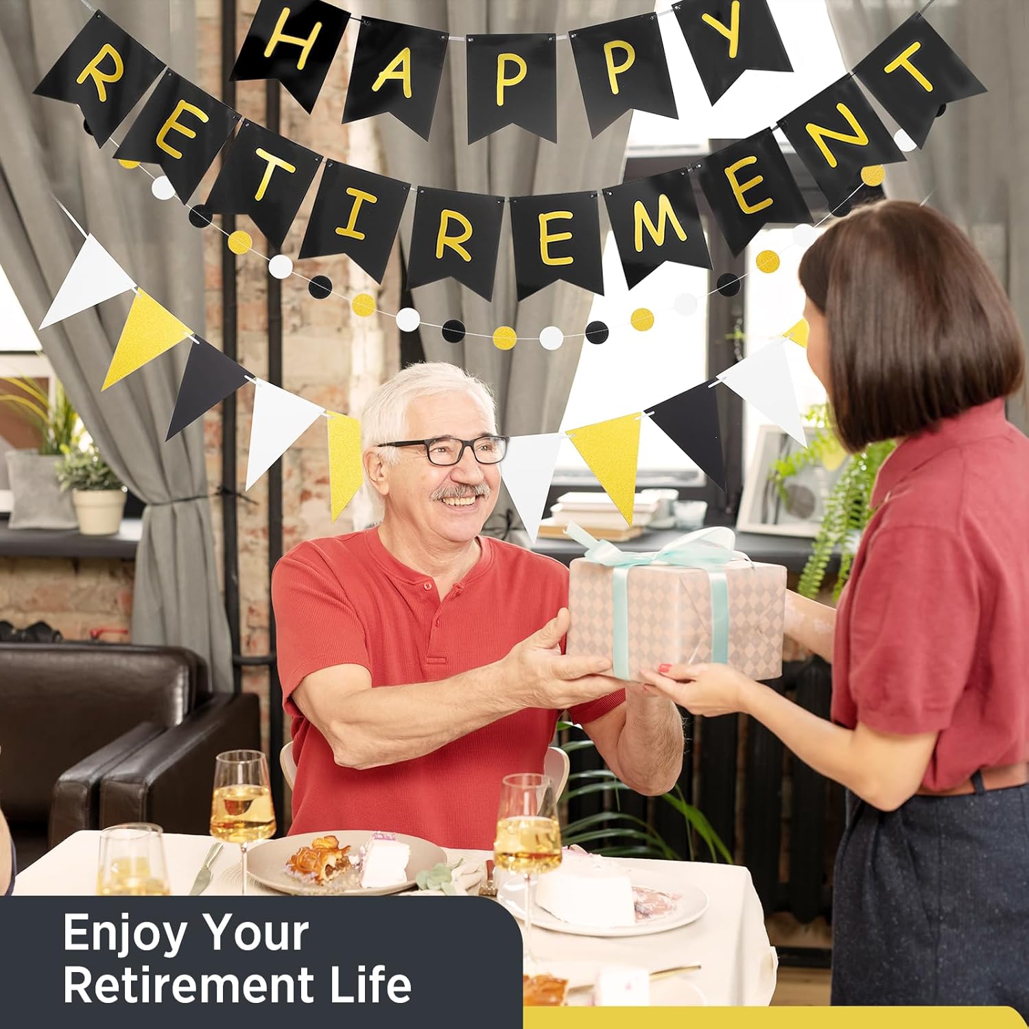 Happy Retirement Banner Black Gold Decorations Kit