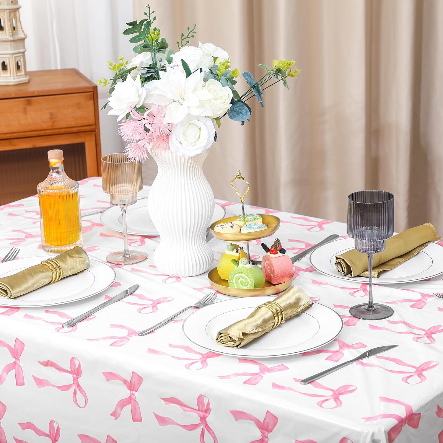 Oudain 6 Pcs Pink Bow Table Cloth 54x108 Inch