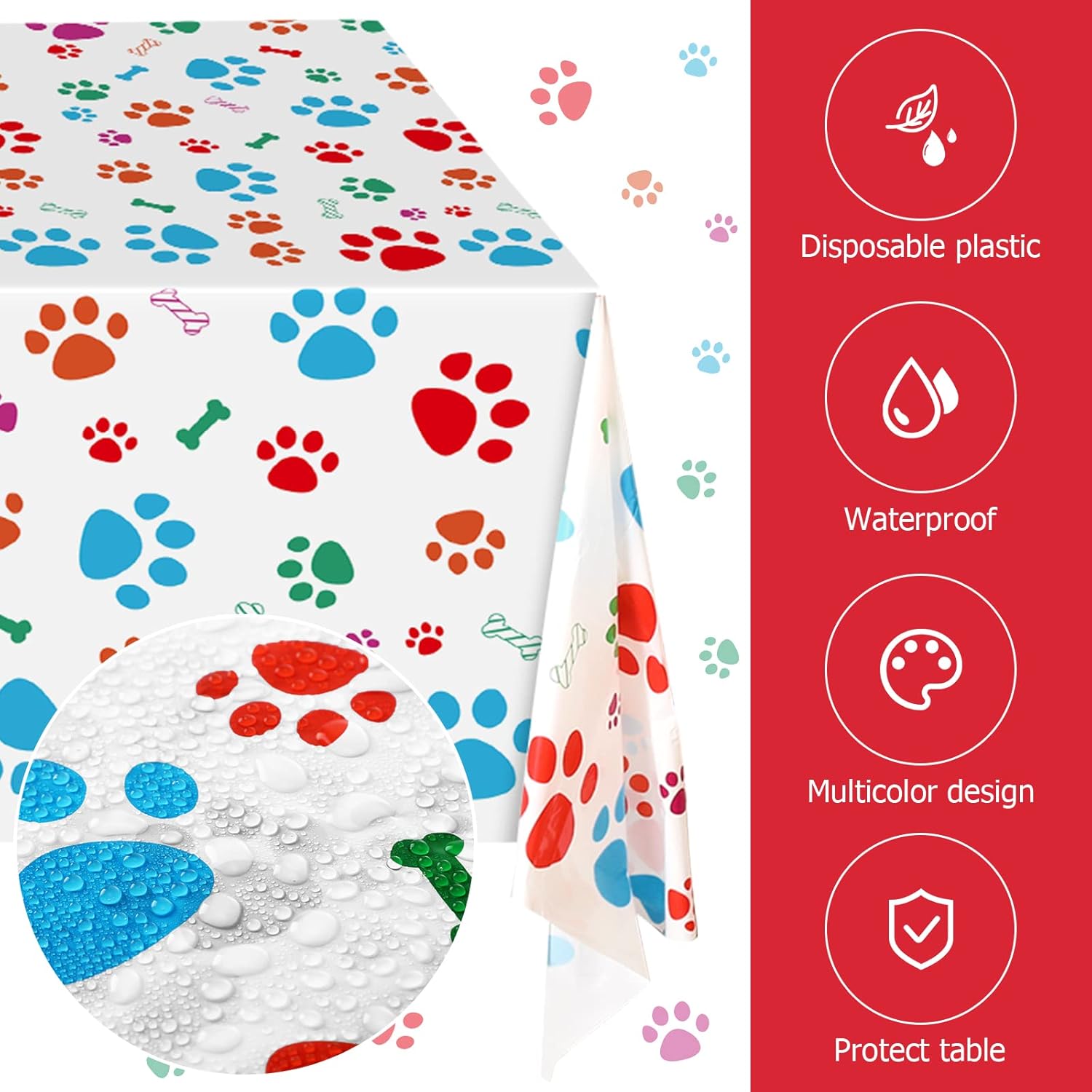 Tegeme 3 Pcs Dog Paw Print Tablecloth 54x108 Inch