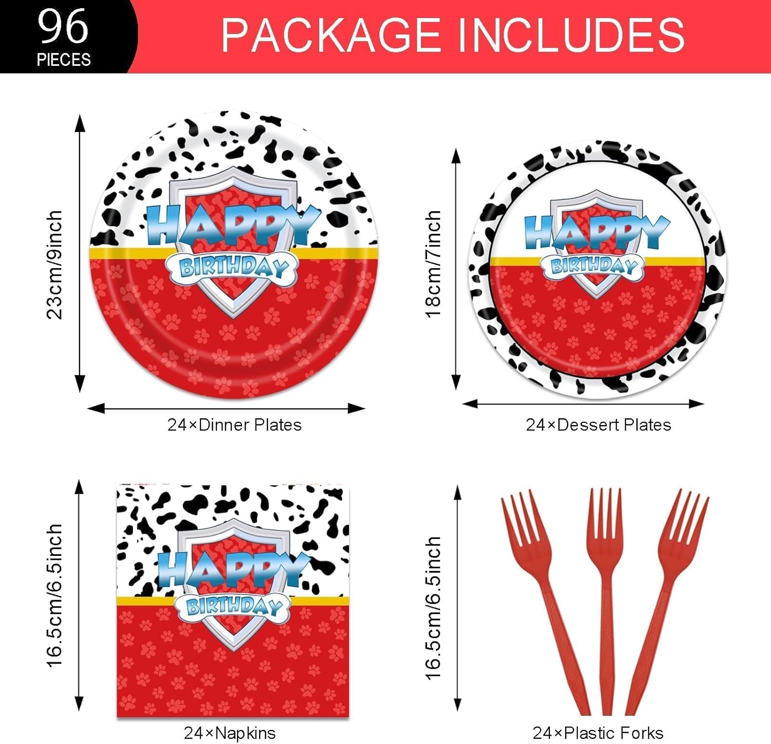 96 Pcs Red Dog Paw Birthday Party Kit for 24 Guests