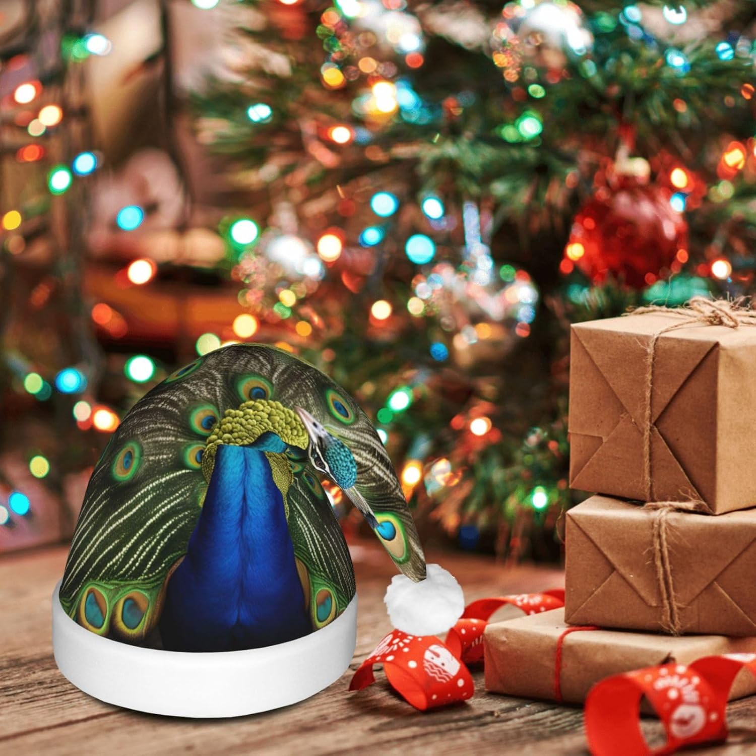 QinZheng Peacock Feather Print Santa Hat with LED Lights for Adults