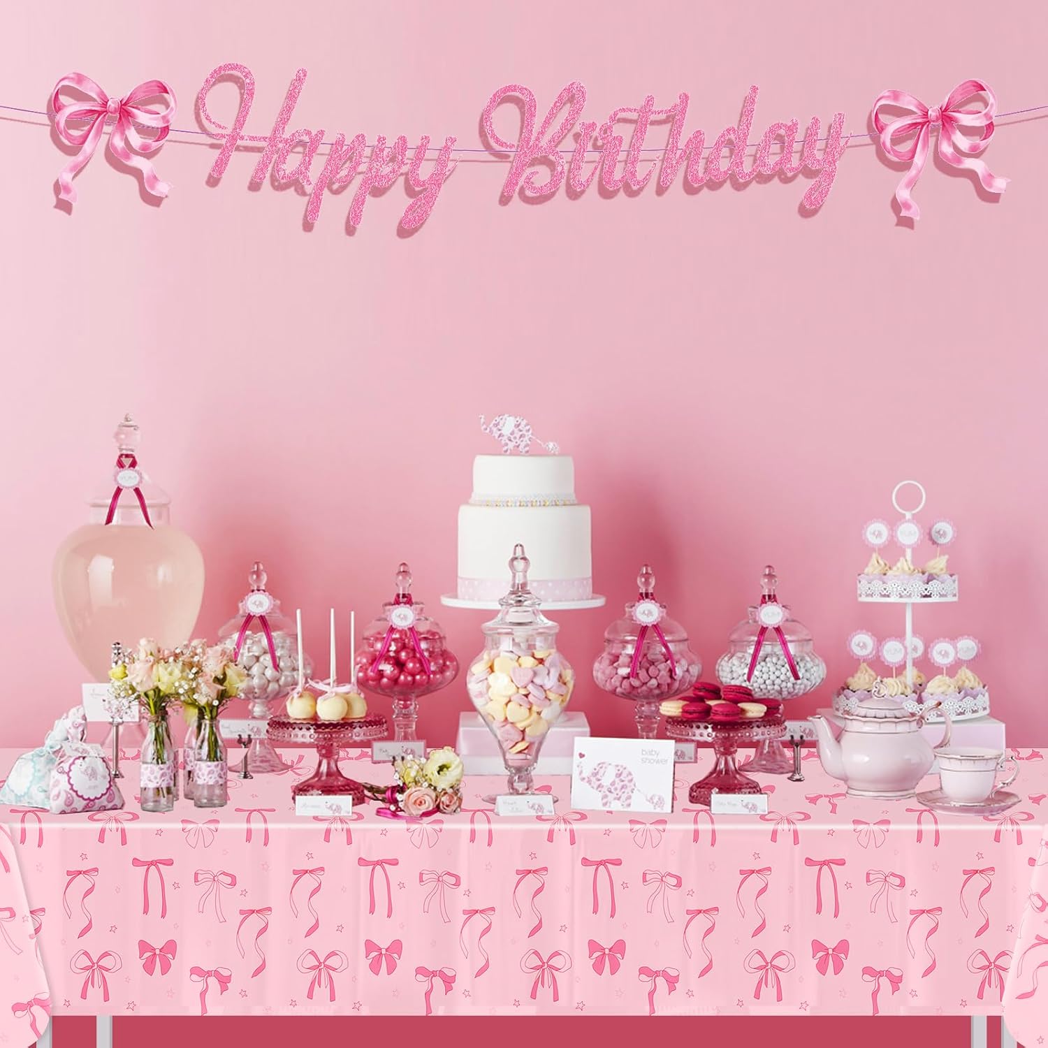 PHOGARY Pink Bow Tablecloths 3PCS for Birthday Party