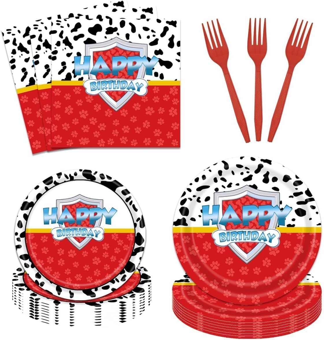96 Pcs Red Dog Paw Birthday Party Kit for 24 Guests