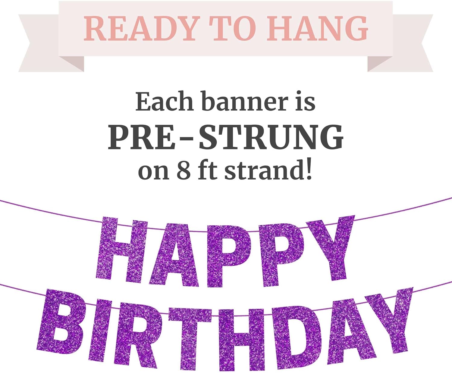 Pre-Strung Purple Glitter Happy Birthday Banner for Girls Women