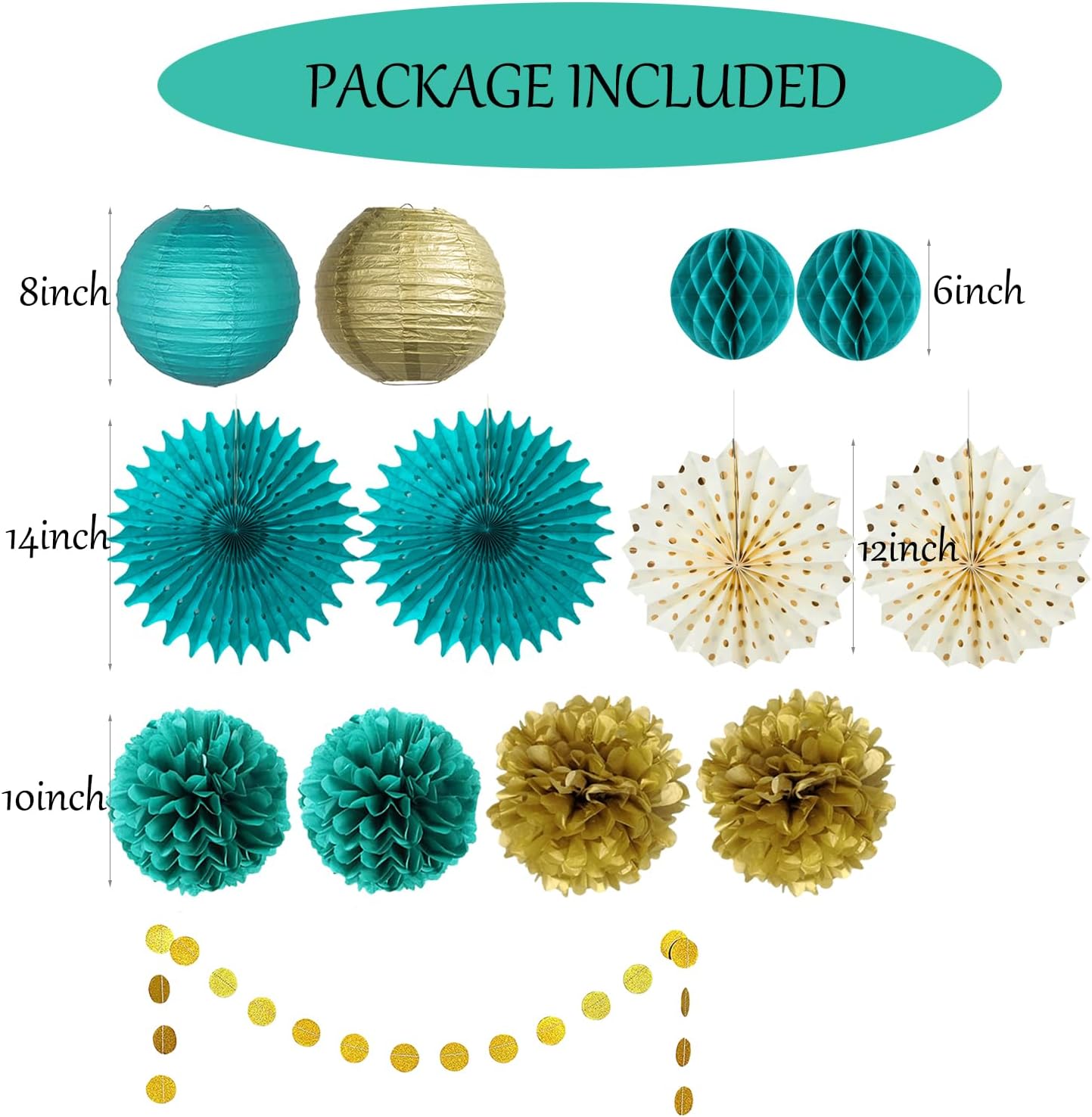 Teal Gold Party Decorations Tissue Pom Poms Garland Fans Lanterns