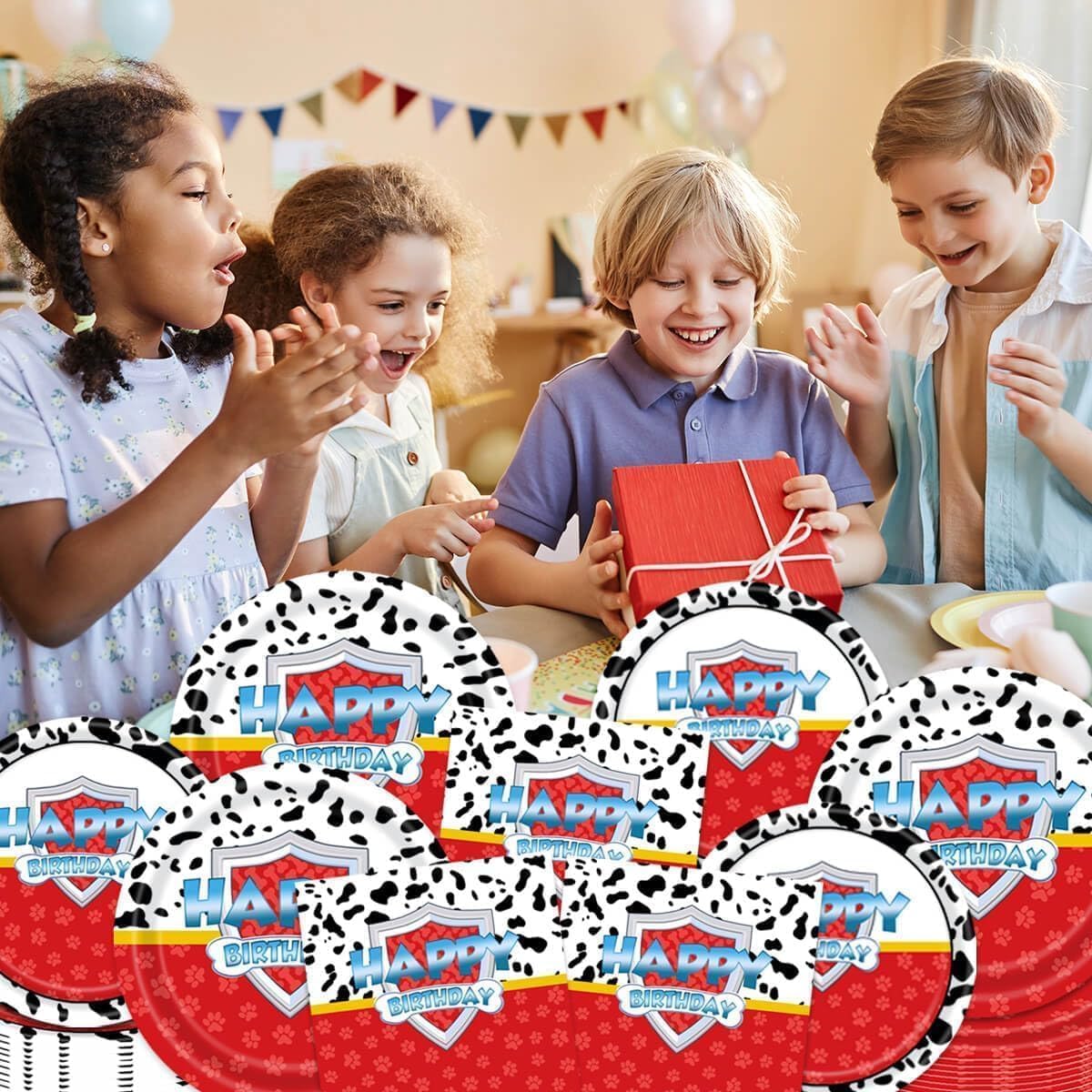 96 Pcs Red Dog Paw Birthday Party Kit for 24 Guests