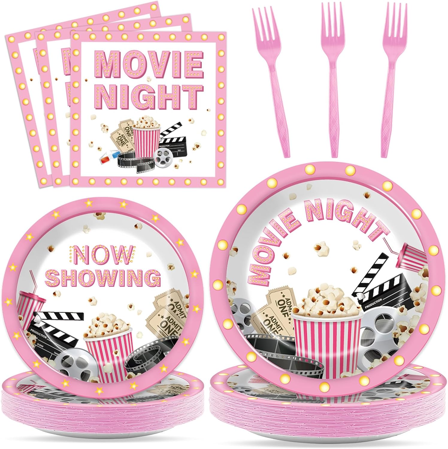 96Pcs Pink Movie Night Party Supplies for 24 Guests