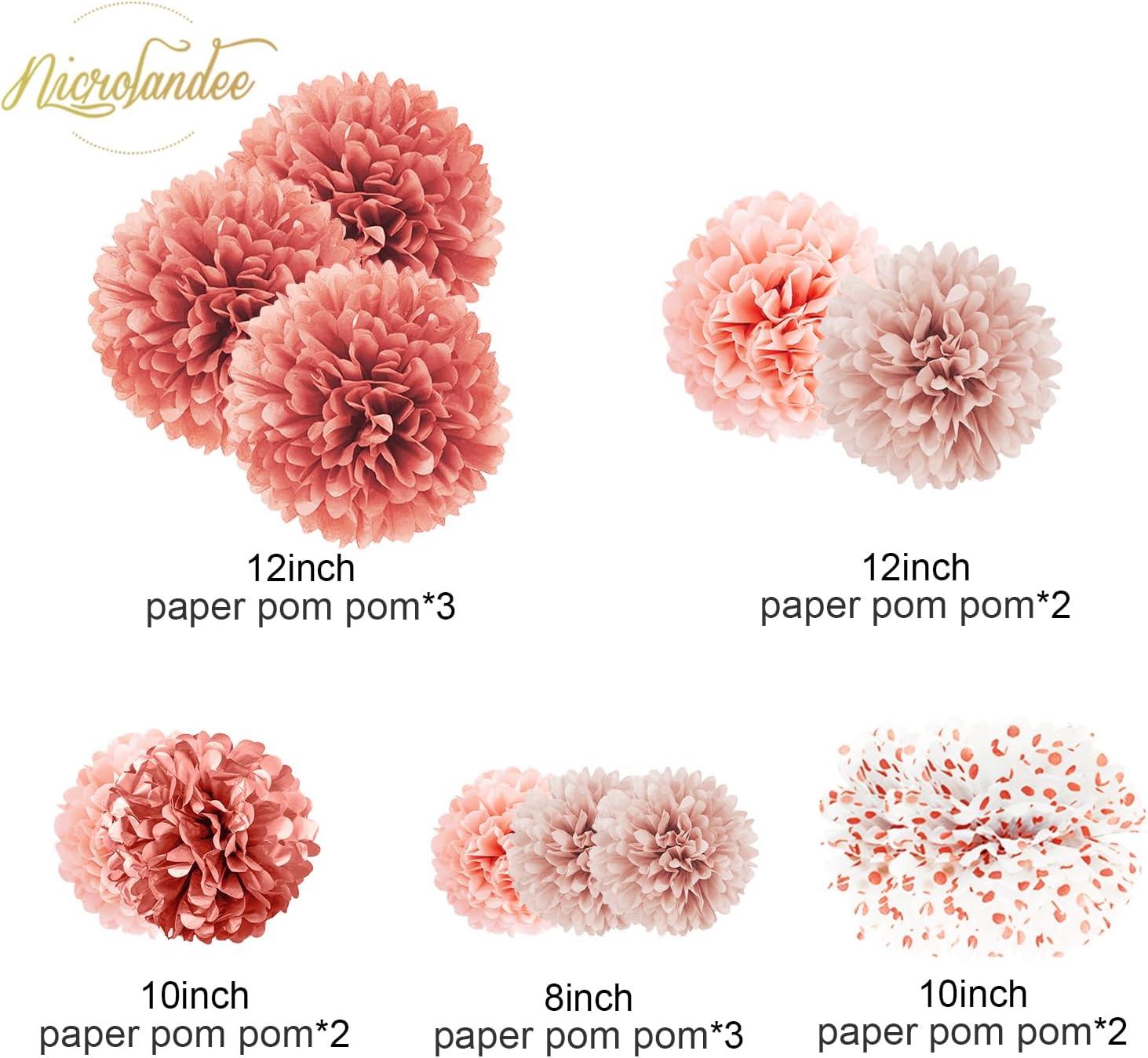NICROLANDEE Rose Gold Tissue Paper Pom Poms 12PCS