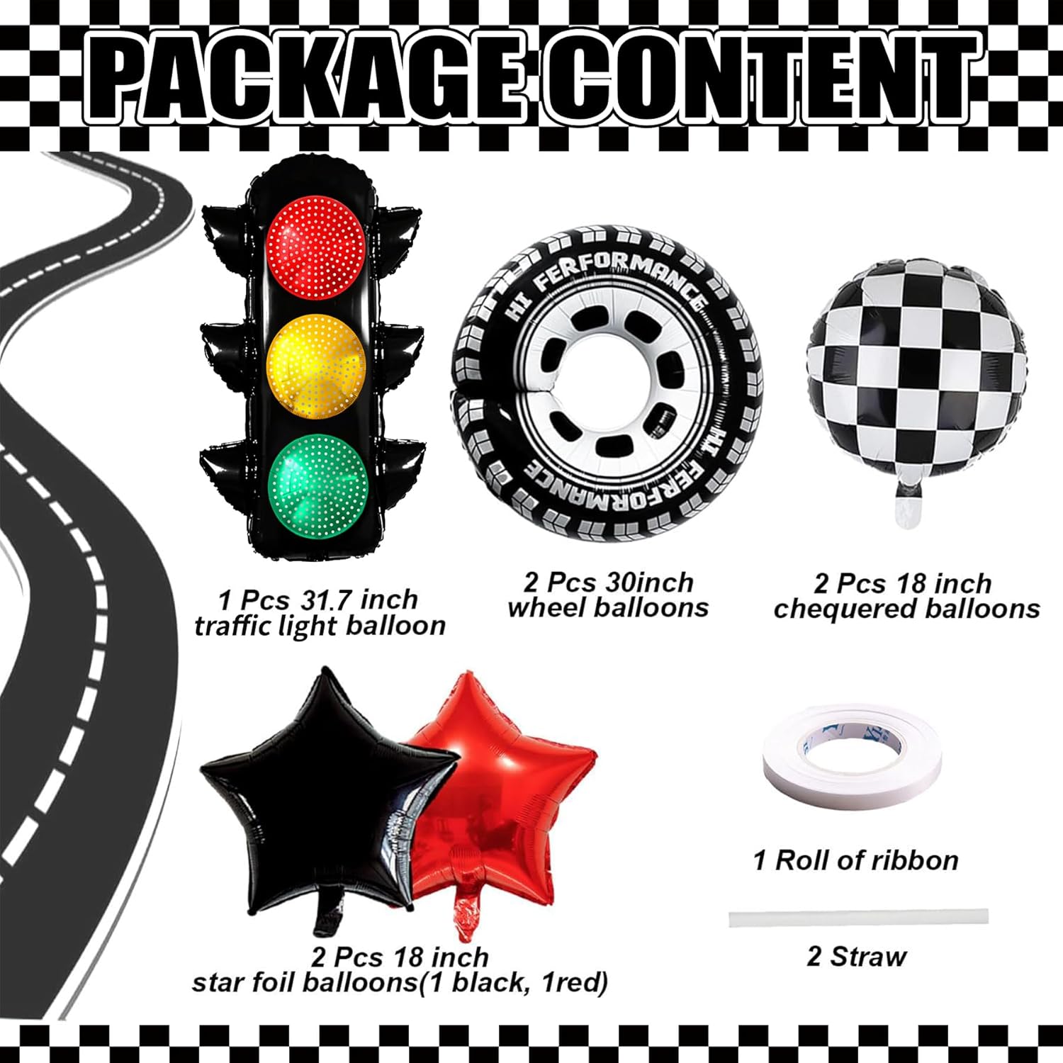 7Pcs Race Car Party Balloon Set with Traffic Light and Checkered Balloons