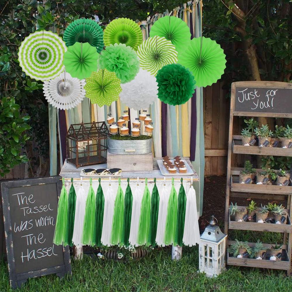 Green White Party Decorations Set Fans Pom Poms Tassels Garland