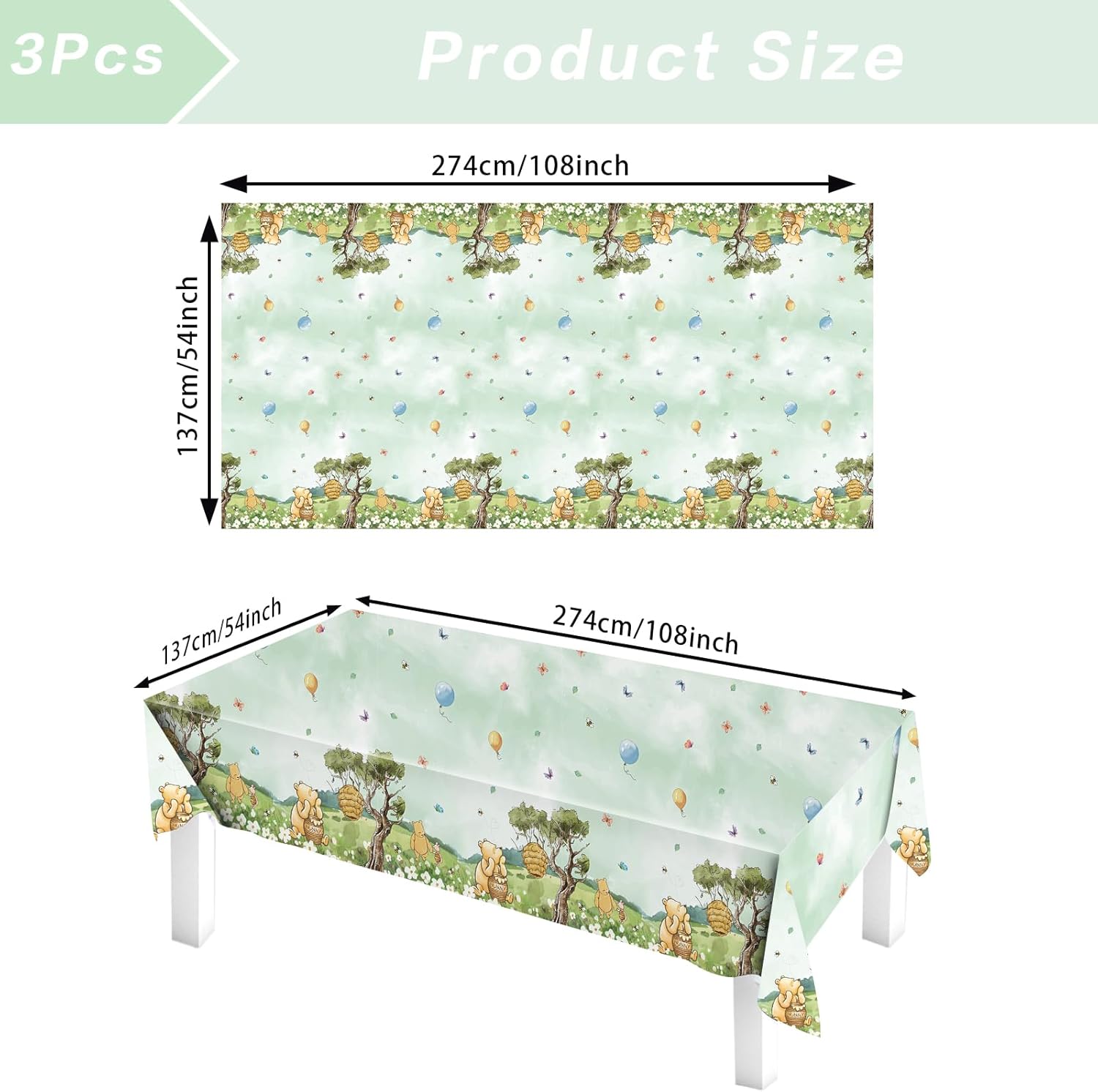 3pcs Bear Baby Shower Tablecloths 54x108 Inches Green