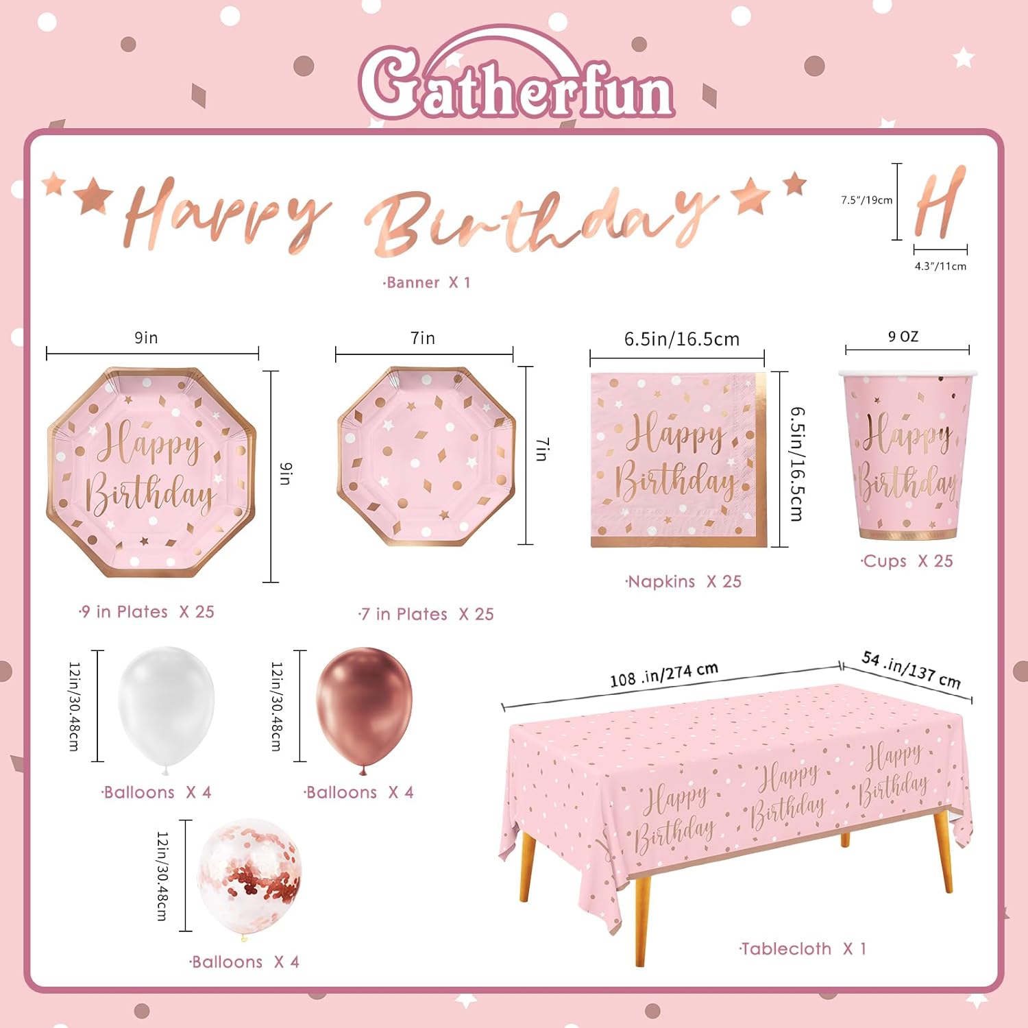 Rose Gold Birthday Party Supplies Set for 25 Guests