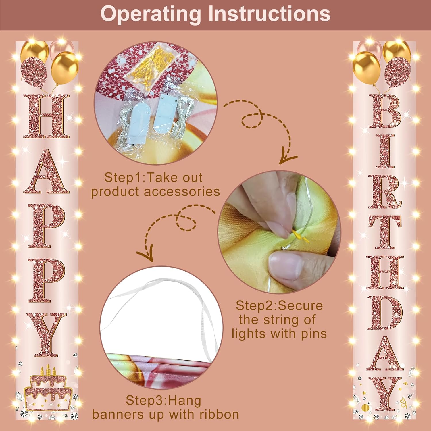 Happy Birthday LED Door Banner Decorations - Pink Rose Gold