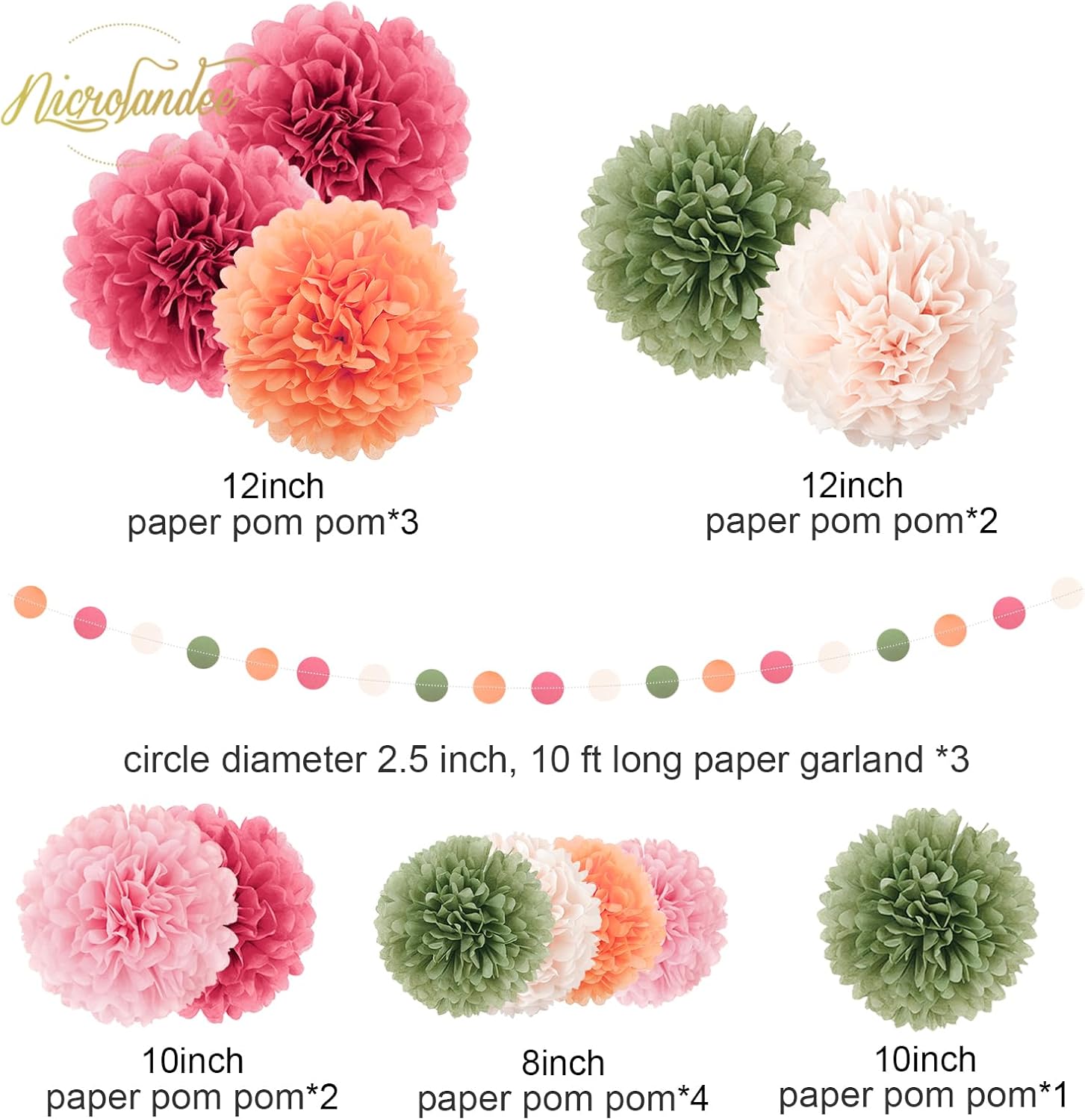 NICROLANDEE 15Pcs Pastel Tissue Pom Poms Decorations