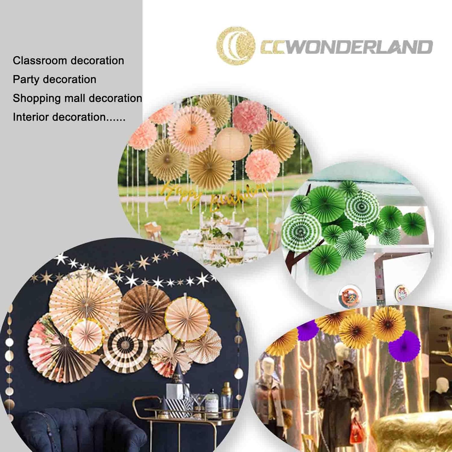 Black Round Paper Fan Decor Set of 6