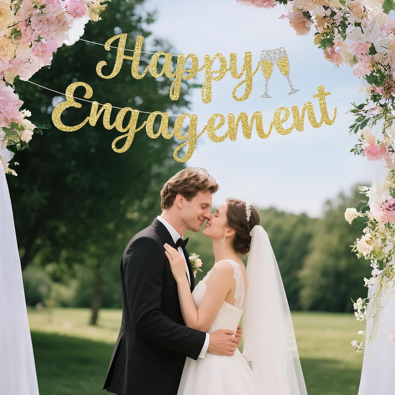 Pre-Strung Happy Engagement Banner Gold Glitter