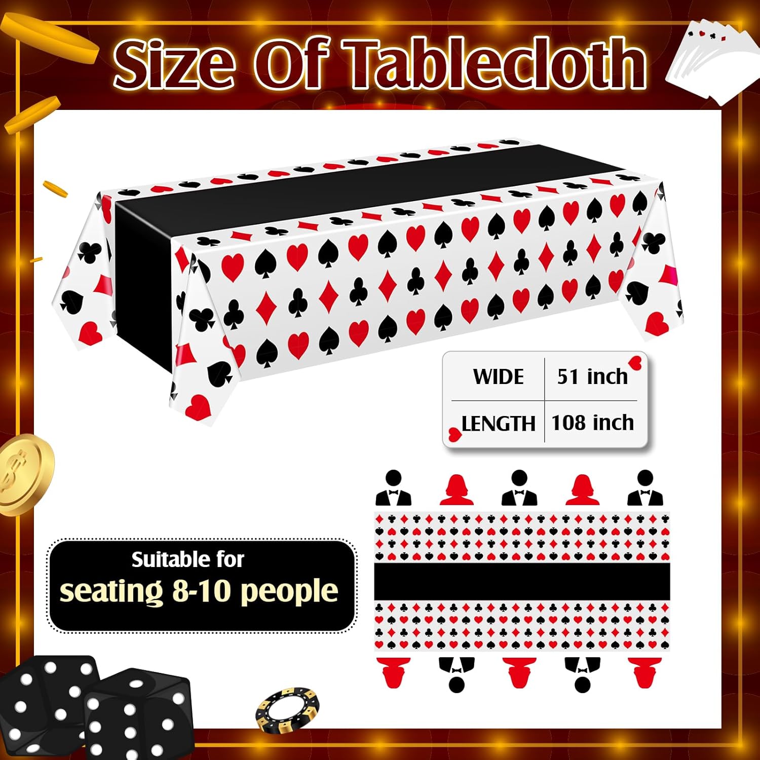 Hosuly 3 Pcs Casino Tablecloths Poker Theme Black 51x108 Inch
