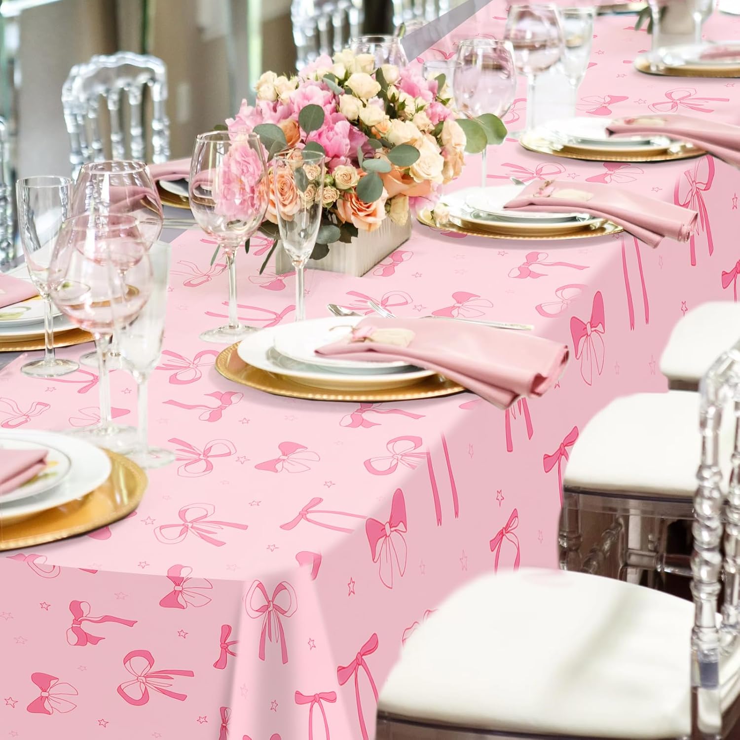 PHOGARY Pink Bow Tablecloths 3PCS for Birthday Party