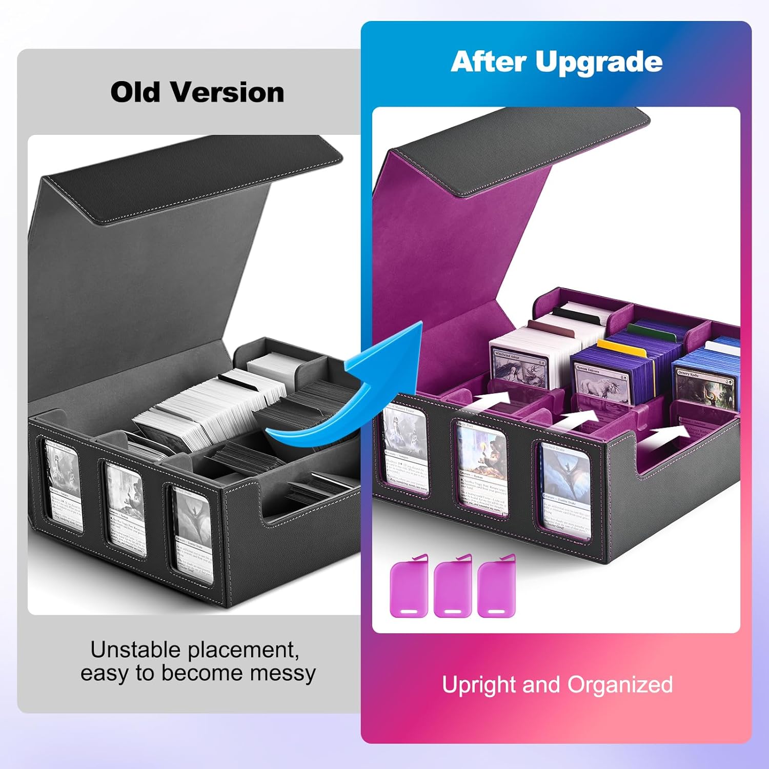 UAONO Card Storage Box with Display Window and 10 Dividers - Black Purple