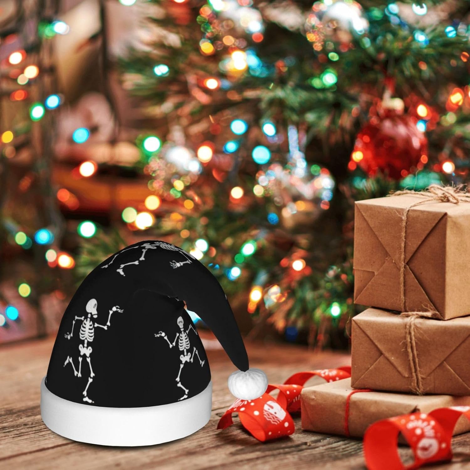 QINZHENG Skeleton Print Santa Hat for Women