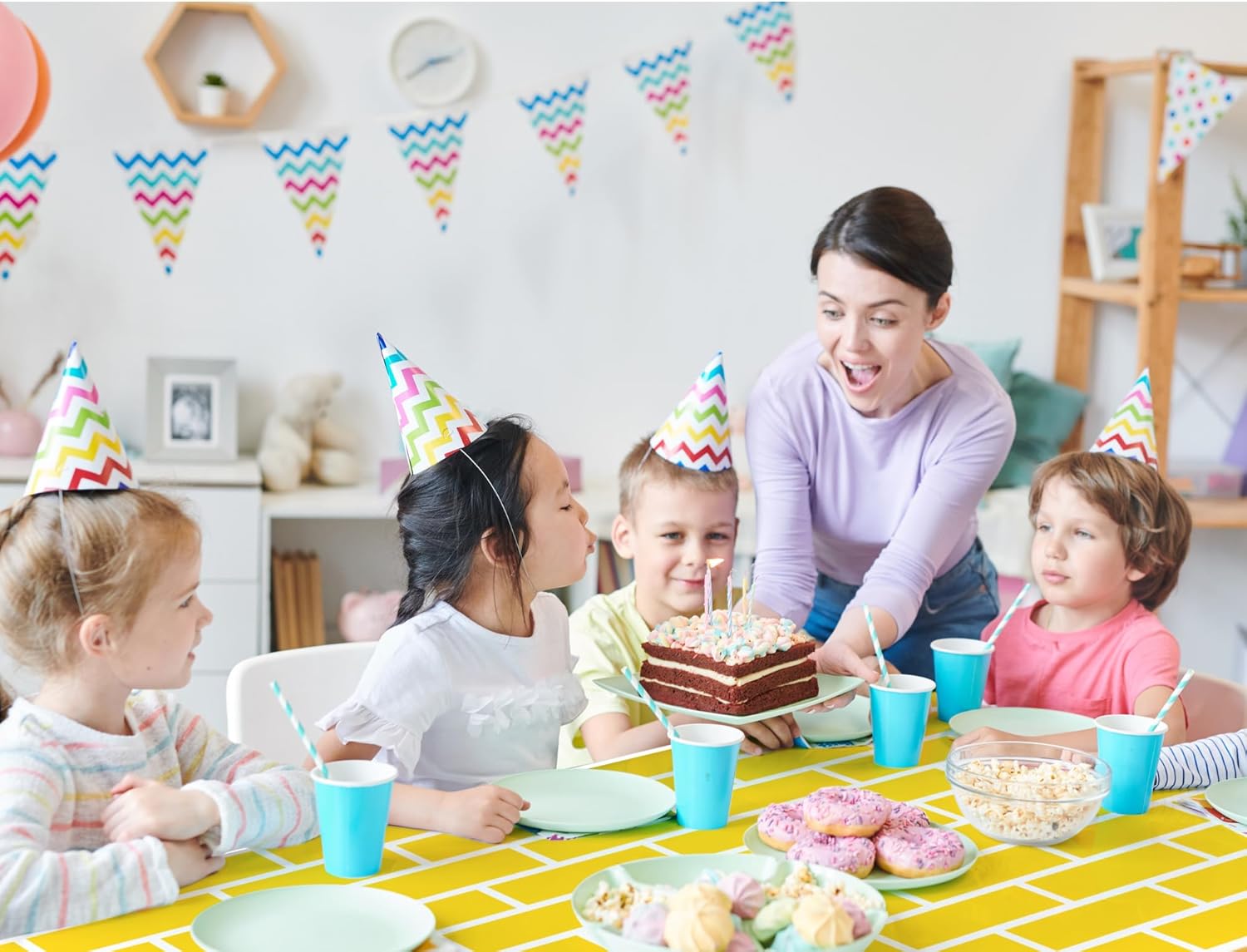 Oudain 4pcs 54x108 Inch Building Block Tablecloths for Kids Birthday Party