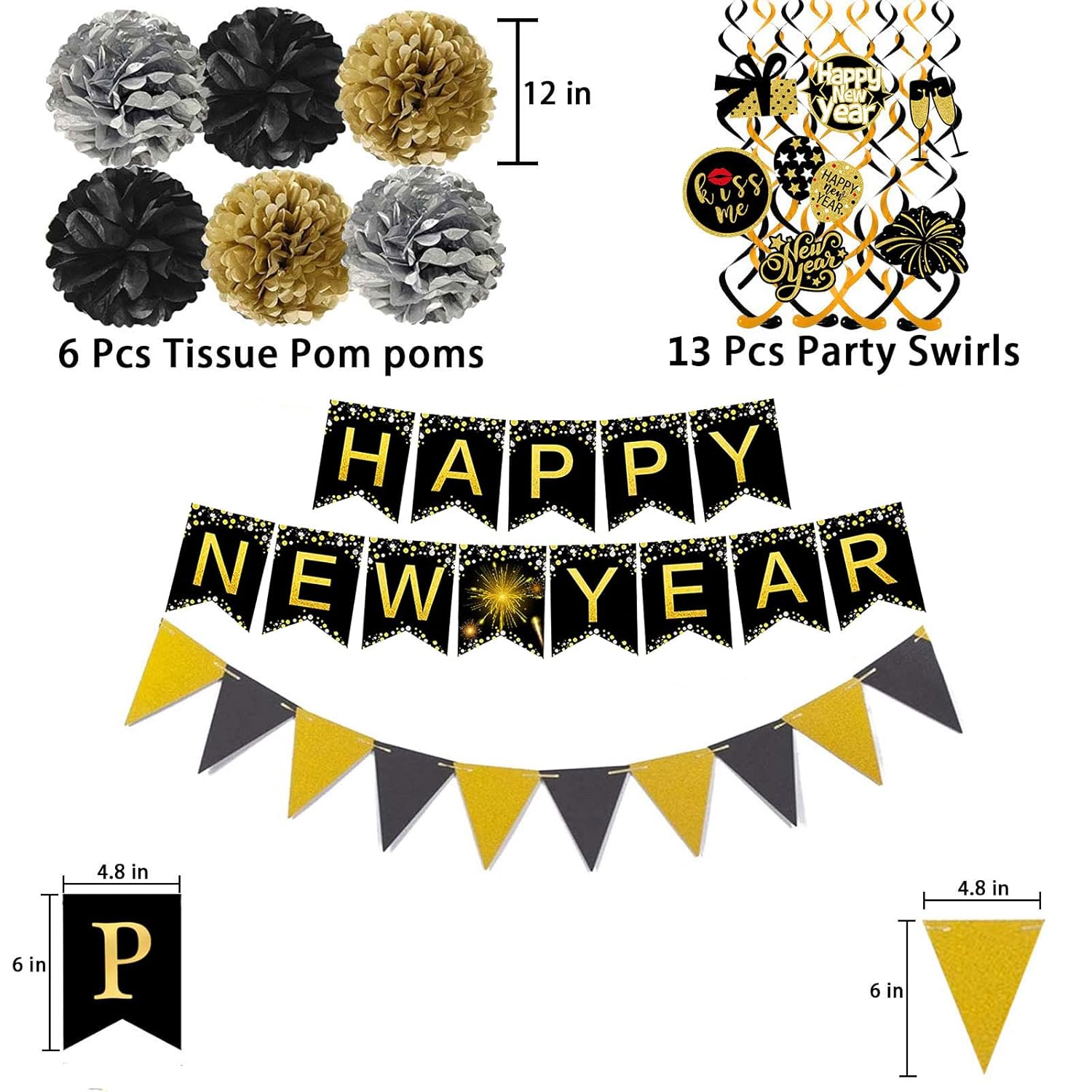 Happy New Year Banner Triangle Flag with Pom Poms and Swirls Garland