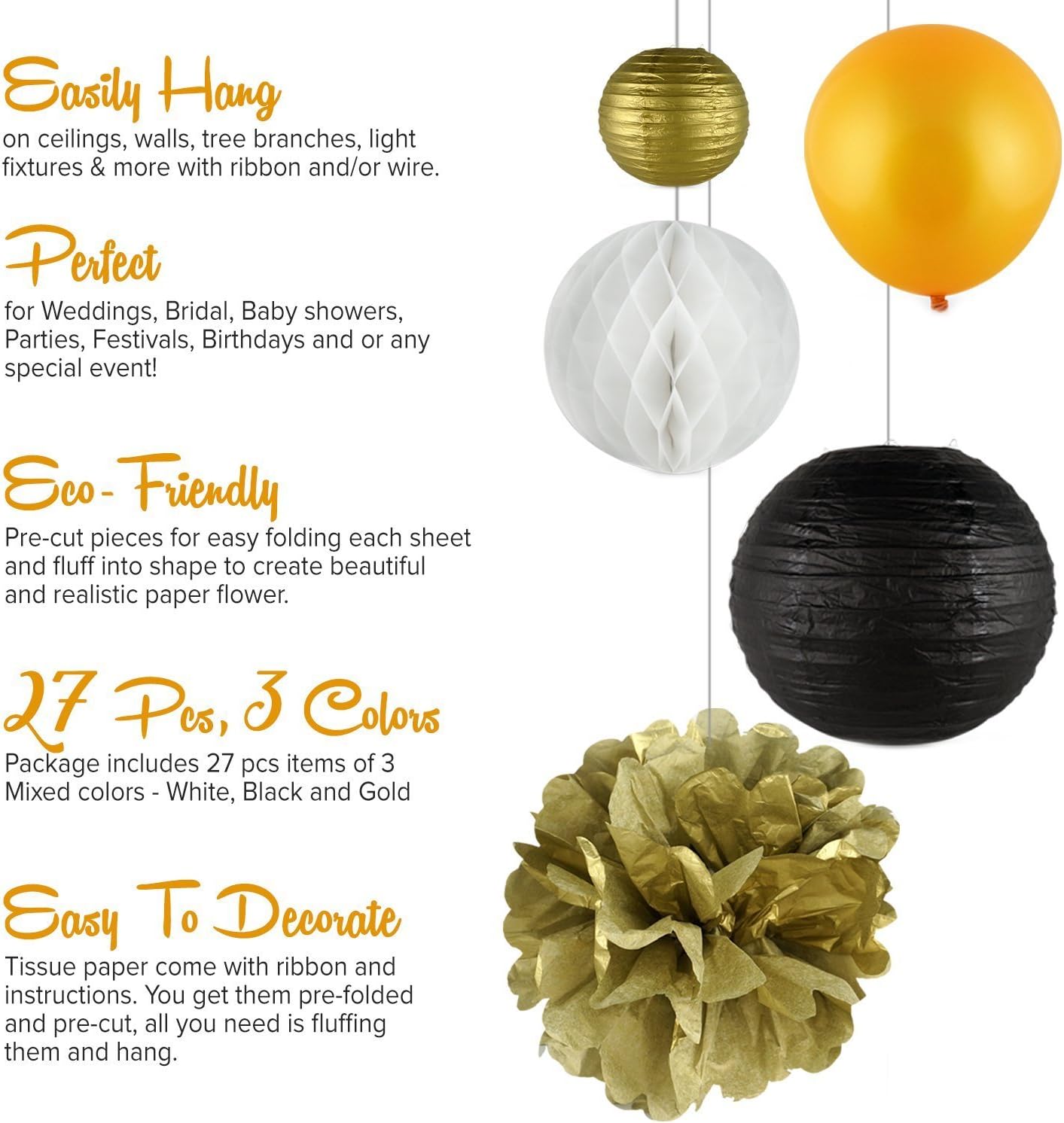 Zorpia New Years Decor Kit Gold Black White Party