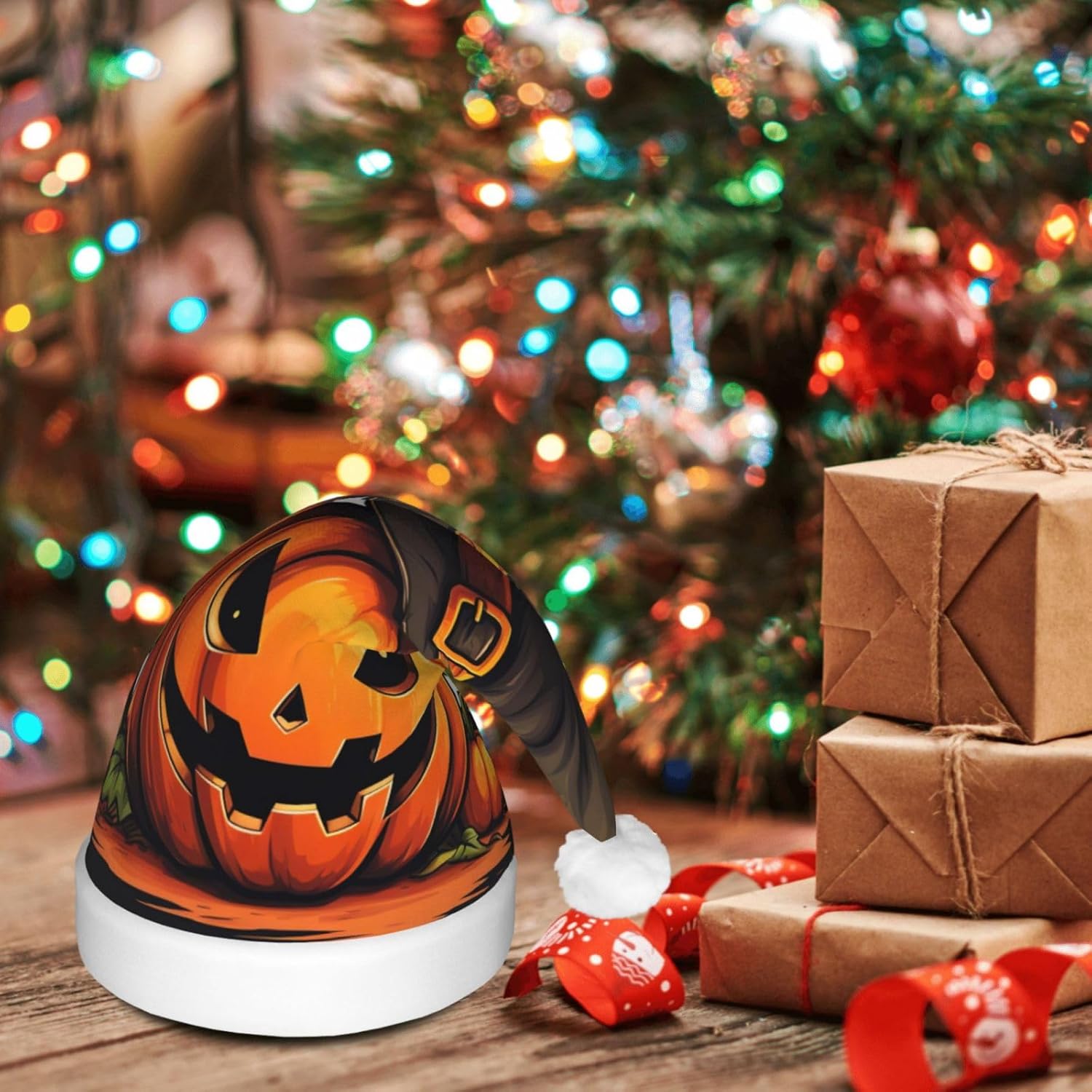 QINZHENG Halloween Pumpkin Print Velvet Santa Hat with LED Lights
