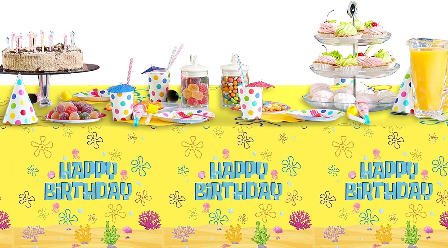 3PCS Yellow Cartoon Party Tablecloth Set for Kids Birthday
