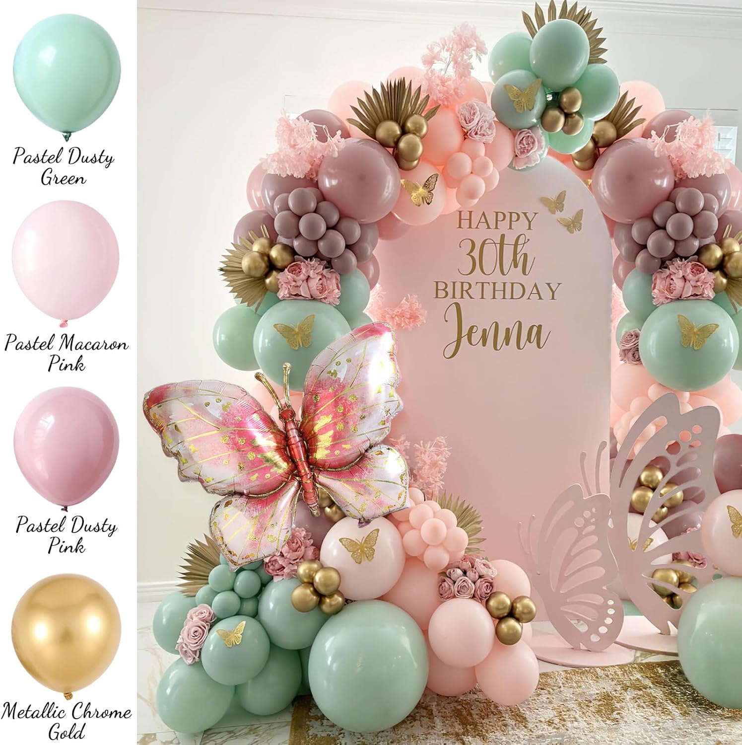 Pastel Pink Green Gold Butterfly Balloon Arch Kit for Parties
