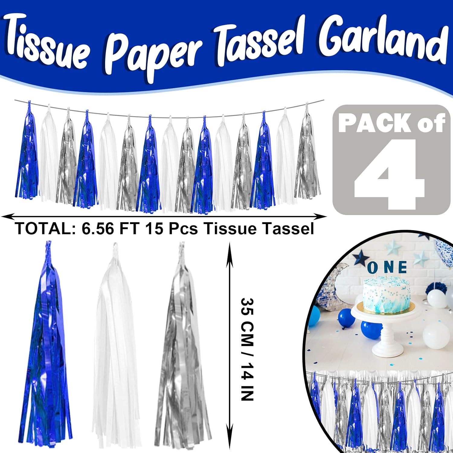 4P Navy Blue White Silver Metallic Tassel Garland Banner Set