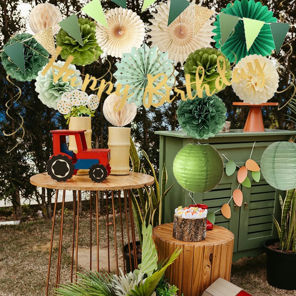 Sage Green Birthday Decorations Fans Pom Poms Lanterns Garland
