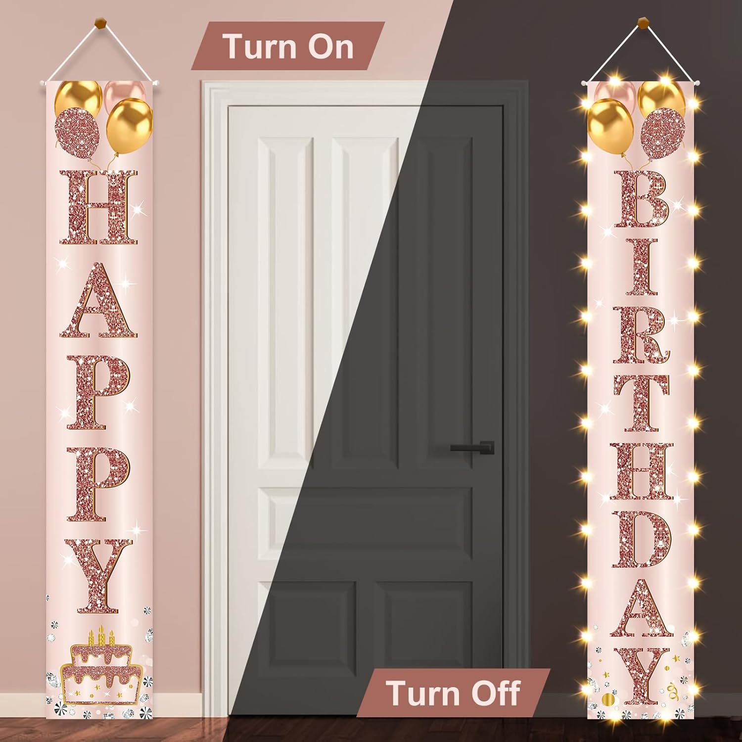Happy Birthday LED Door Banner Decorations - Pink Rose Gold