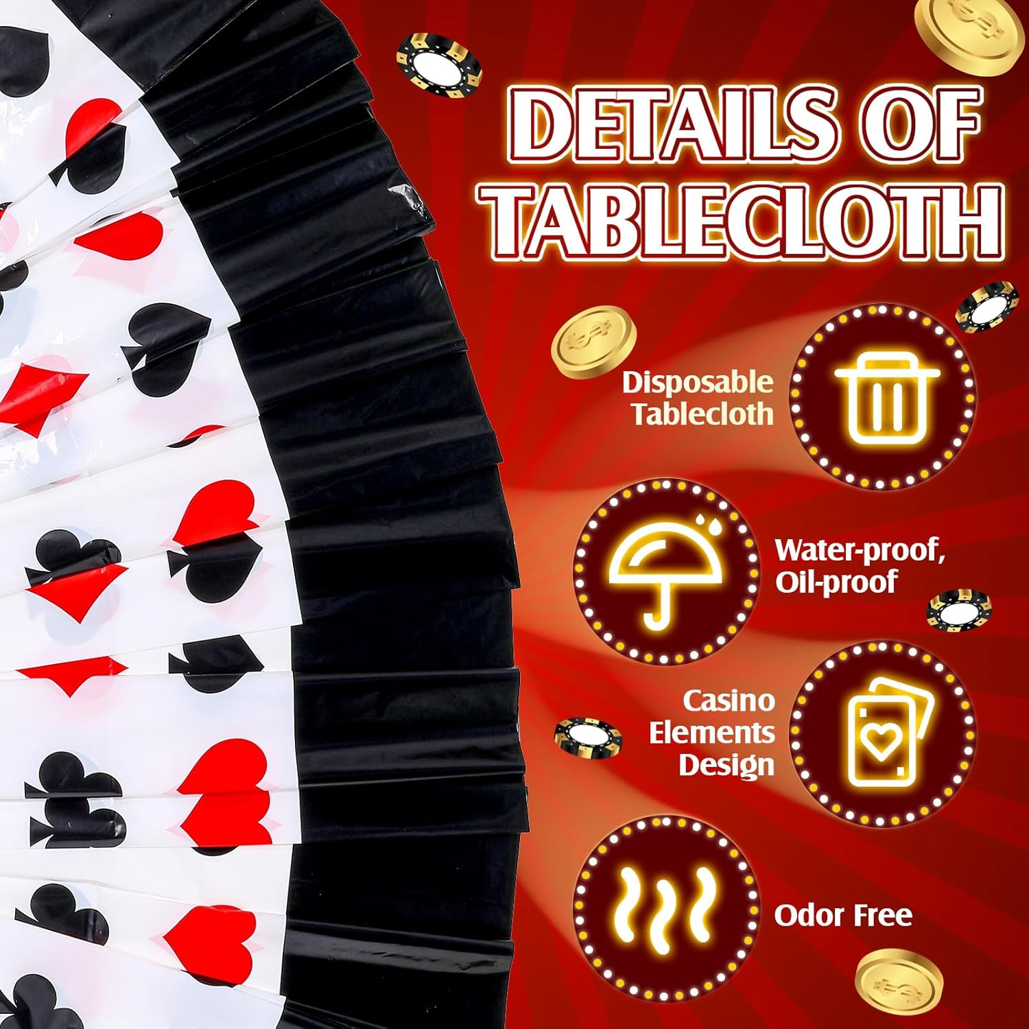 Hosuly 3 Pcs Casino Tablecloths Poker Theme Black 51x108 Inch