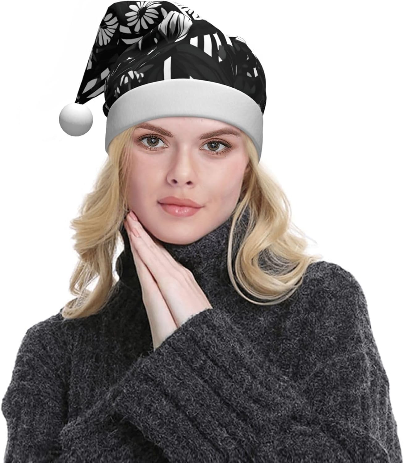 QINZHENG Personalized Santa Hat Black and White Striped Flowers Print
