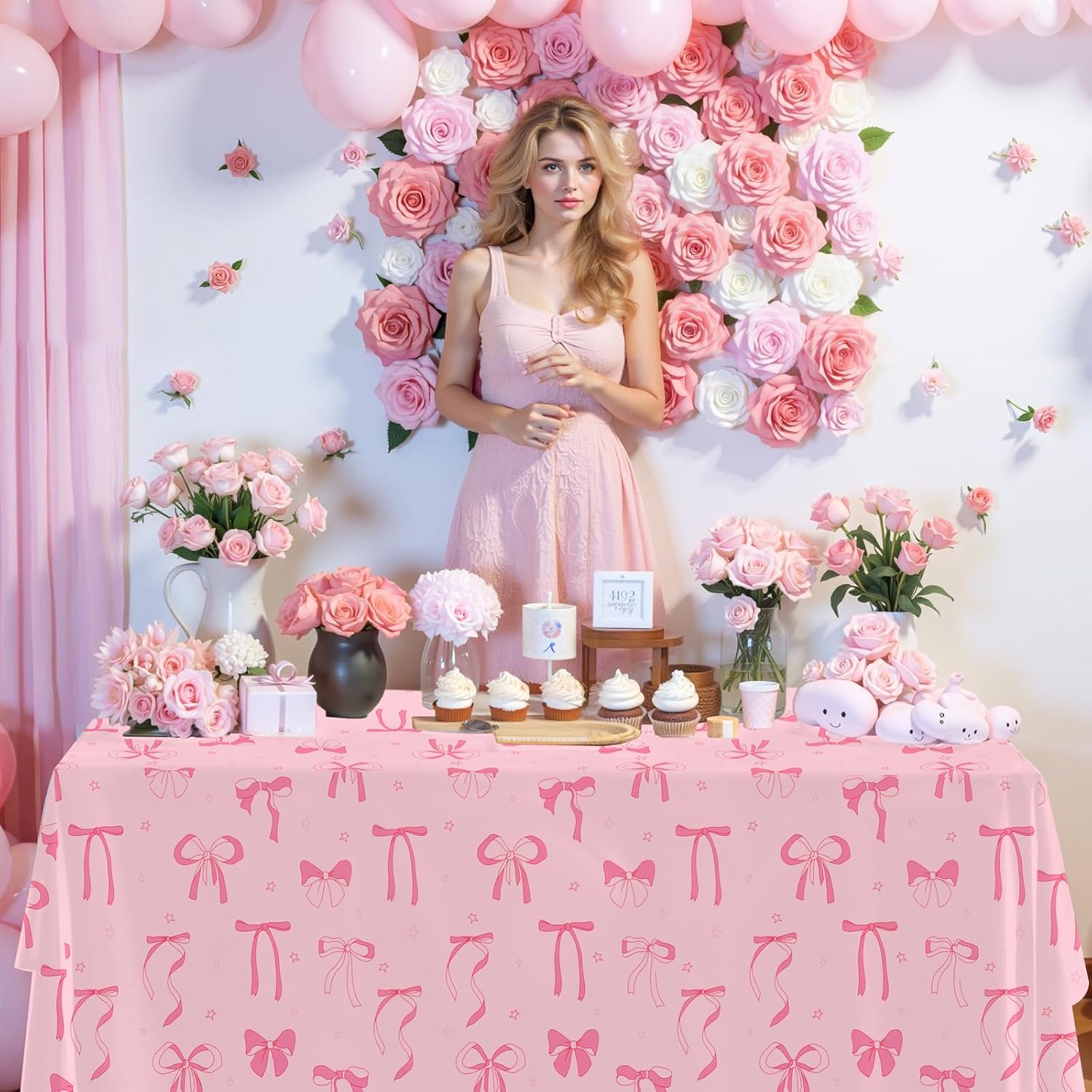PHOGARY Pink Bow Tablecloths 3PCS for Birthday Party