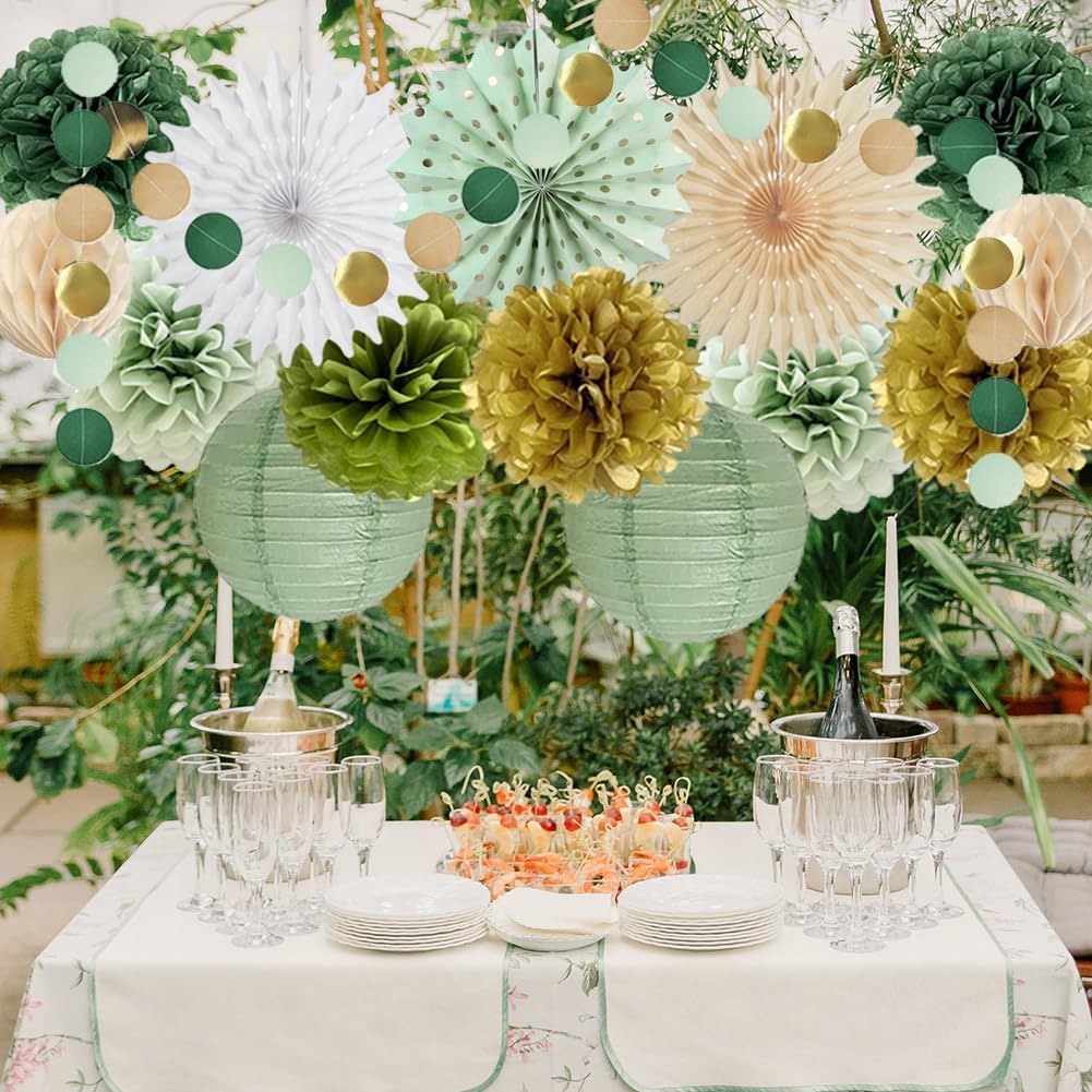 Sage Green Party Decorations Tissue Pom Poms Garland Fans Lanterns