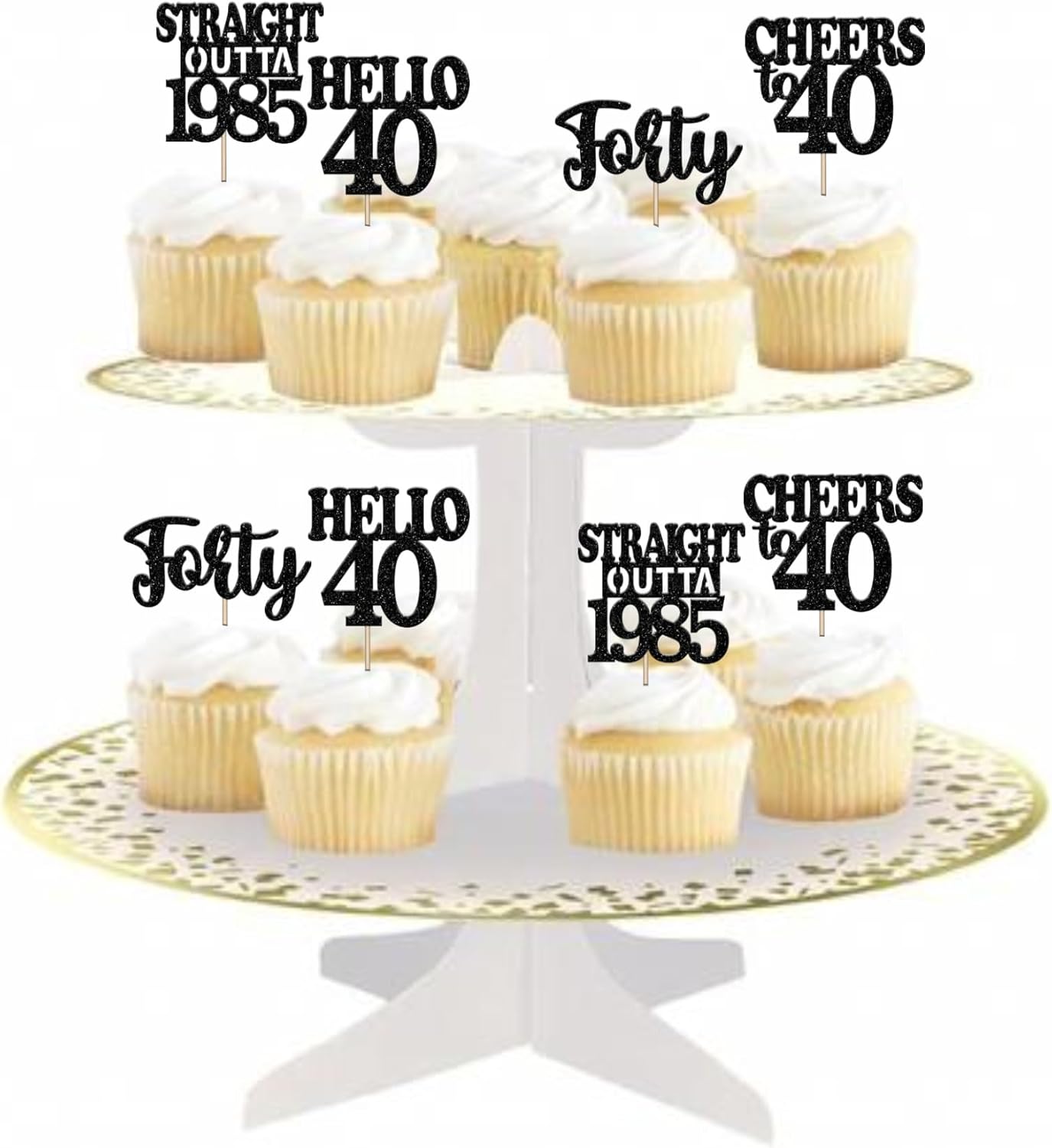 36PCS Happy 40th Birthday Cupcake Toppers Black Glitter
