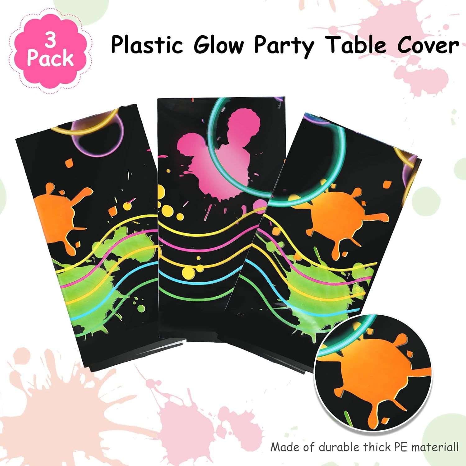Tatuo 3 Pcs Neon Tablecloths 54x108 Inches Glow in the Dark Party Covers