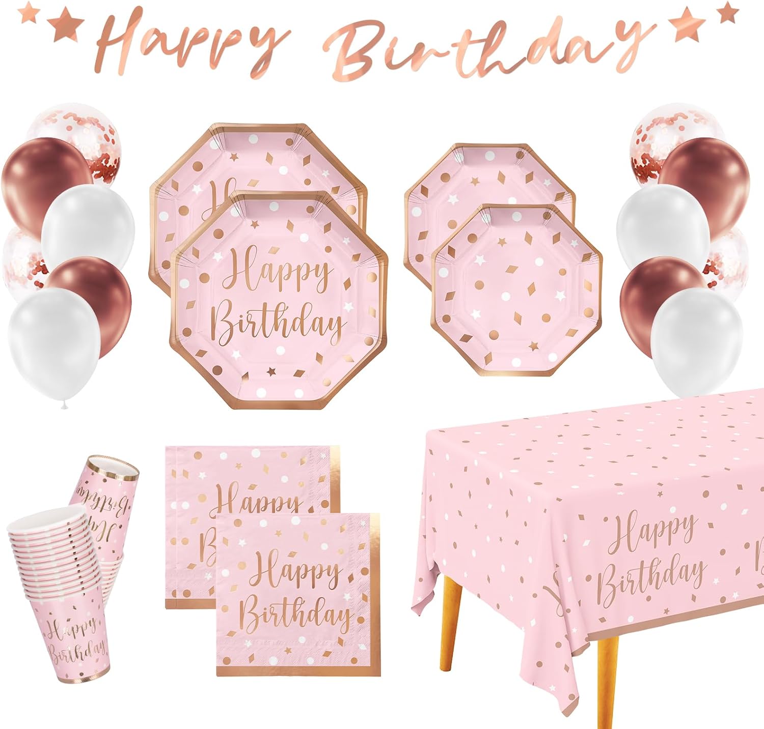 Rose Gold Birthday Party Supplies Set for 25 Guests