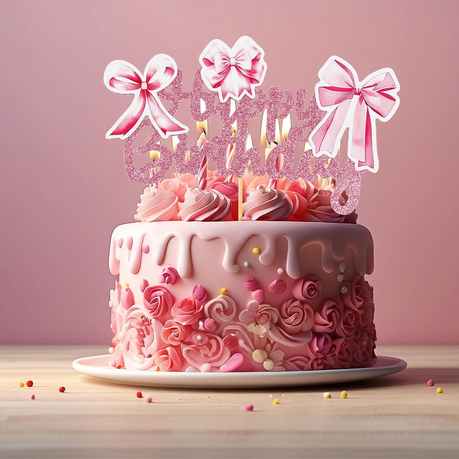 Pink Bow Coquette Cake Topper for Birthday Decorations
