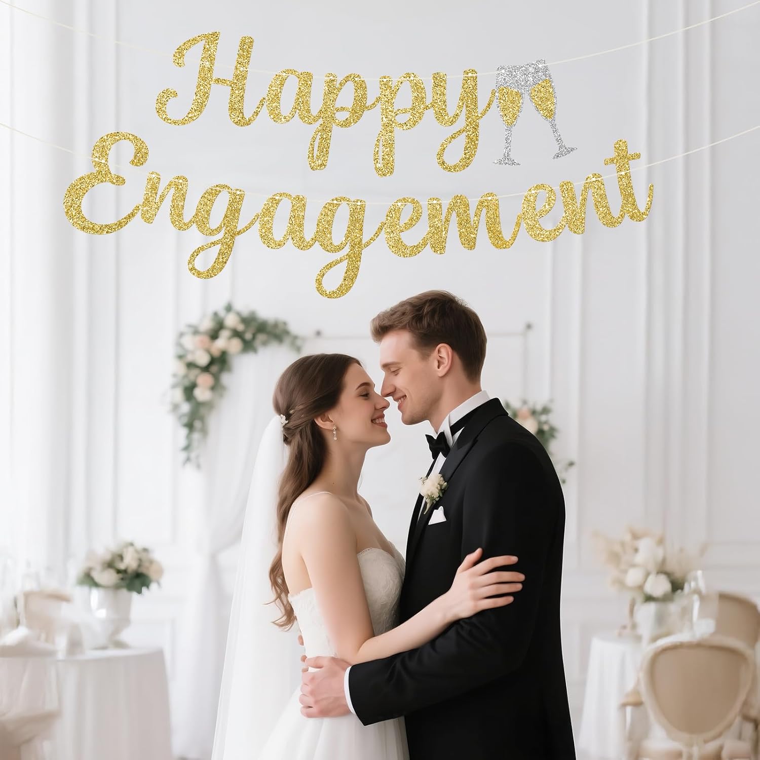 Pre-Strung Happy Engagement Banner Gold Glitter