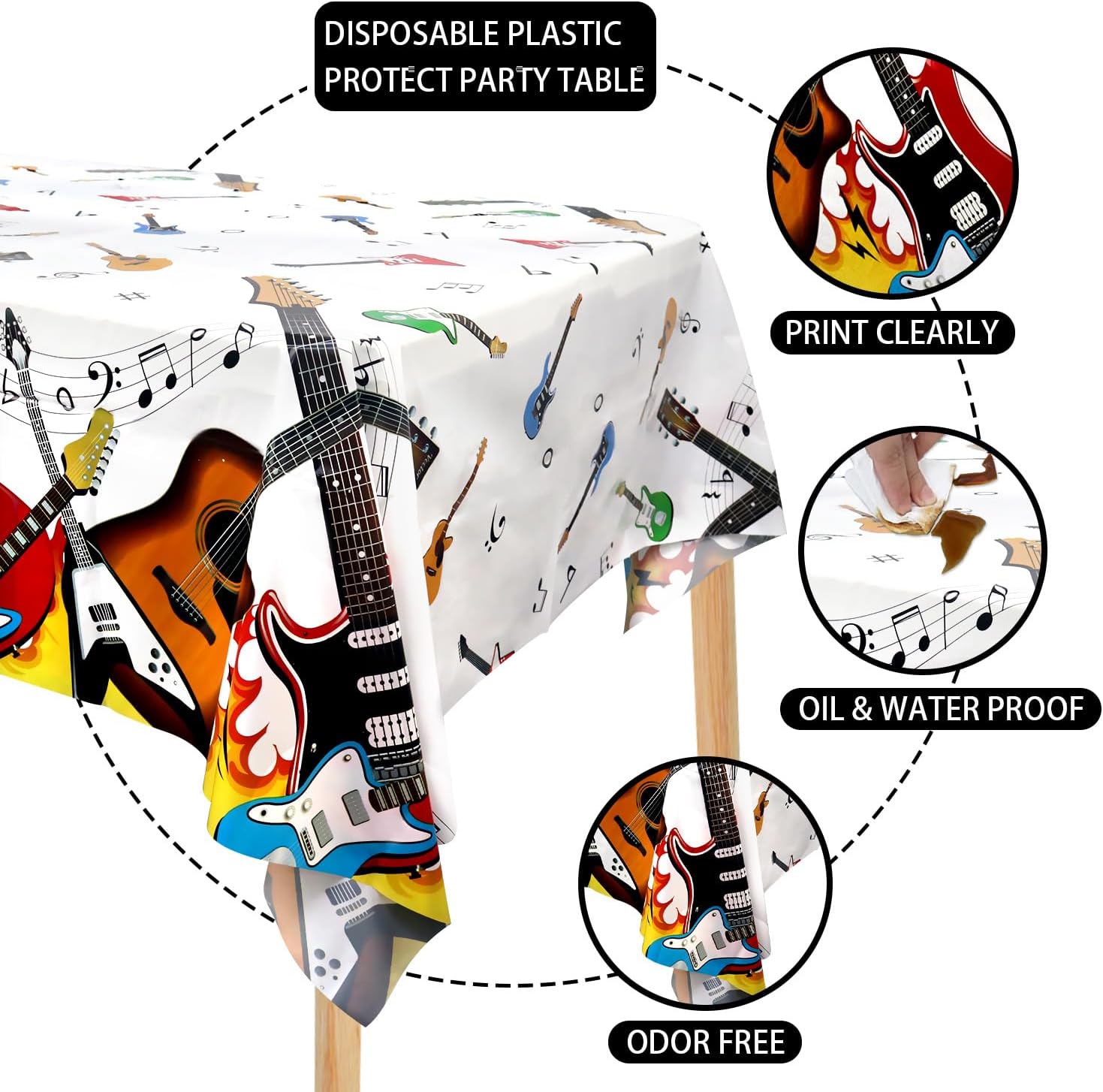 4 Pack Music Theme Party Tablecloths with Guitar Design
