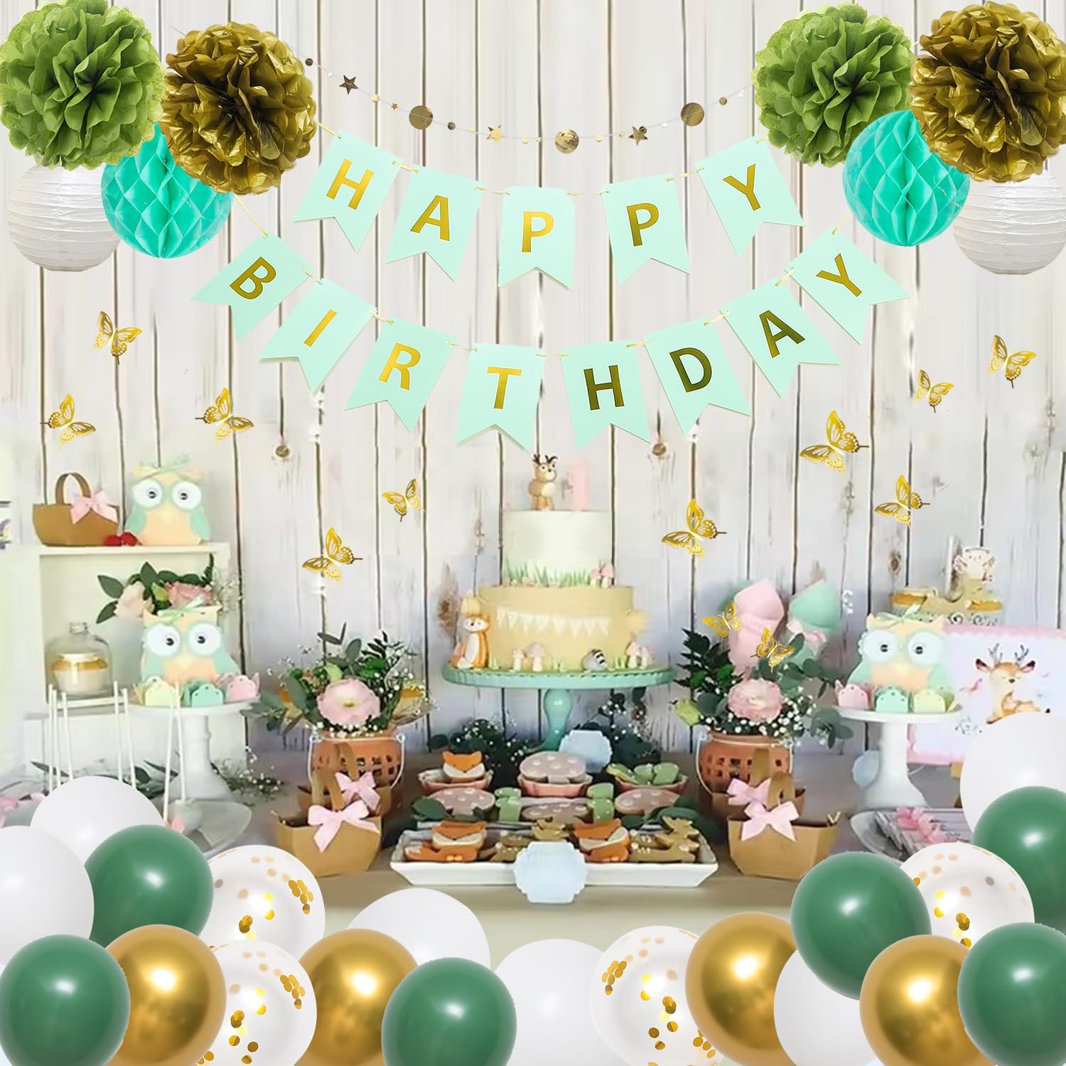 45PCS Sage Green Gold Birthday Decor Set