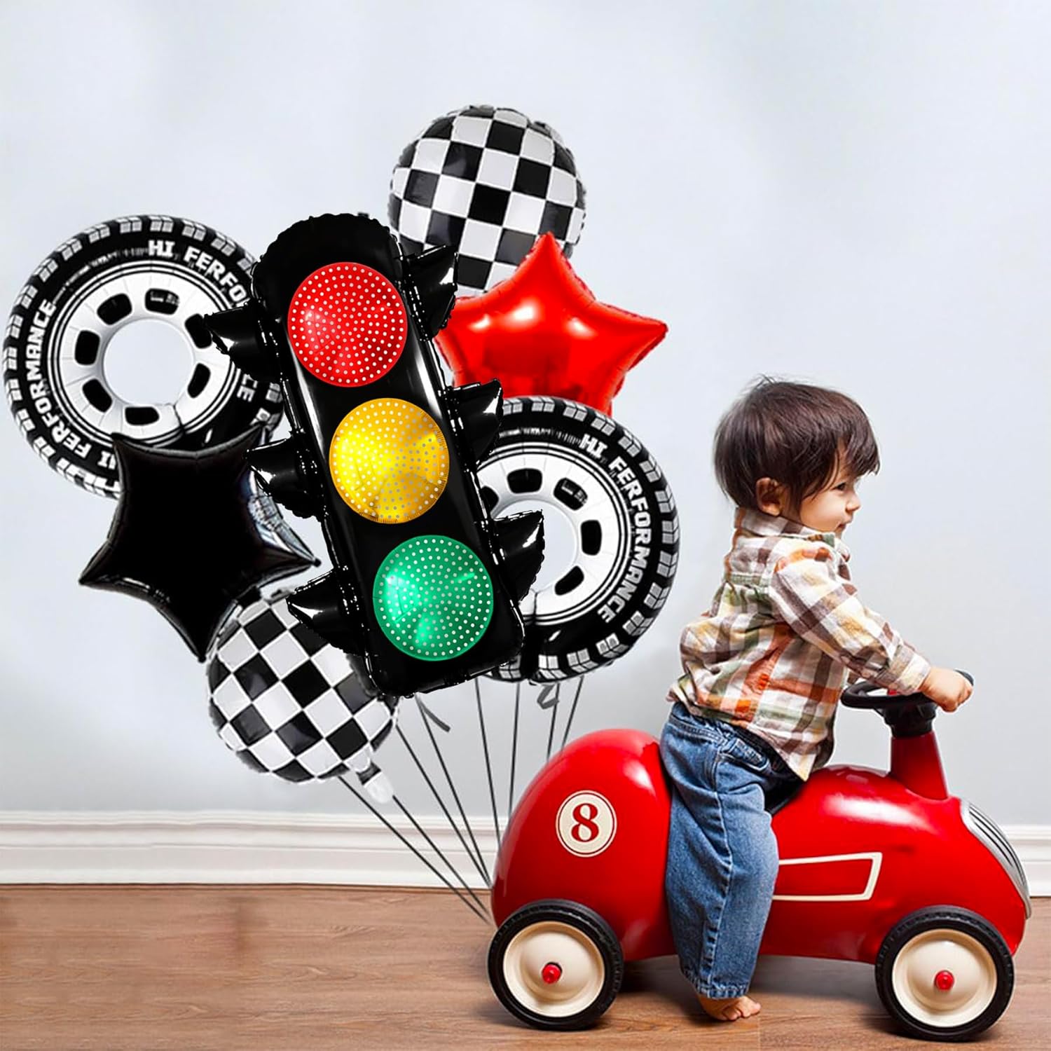 7Pcs Race Car Party Balloon Set with Traffic Light and Checkered Balloons